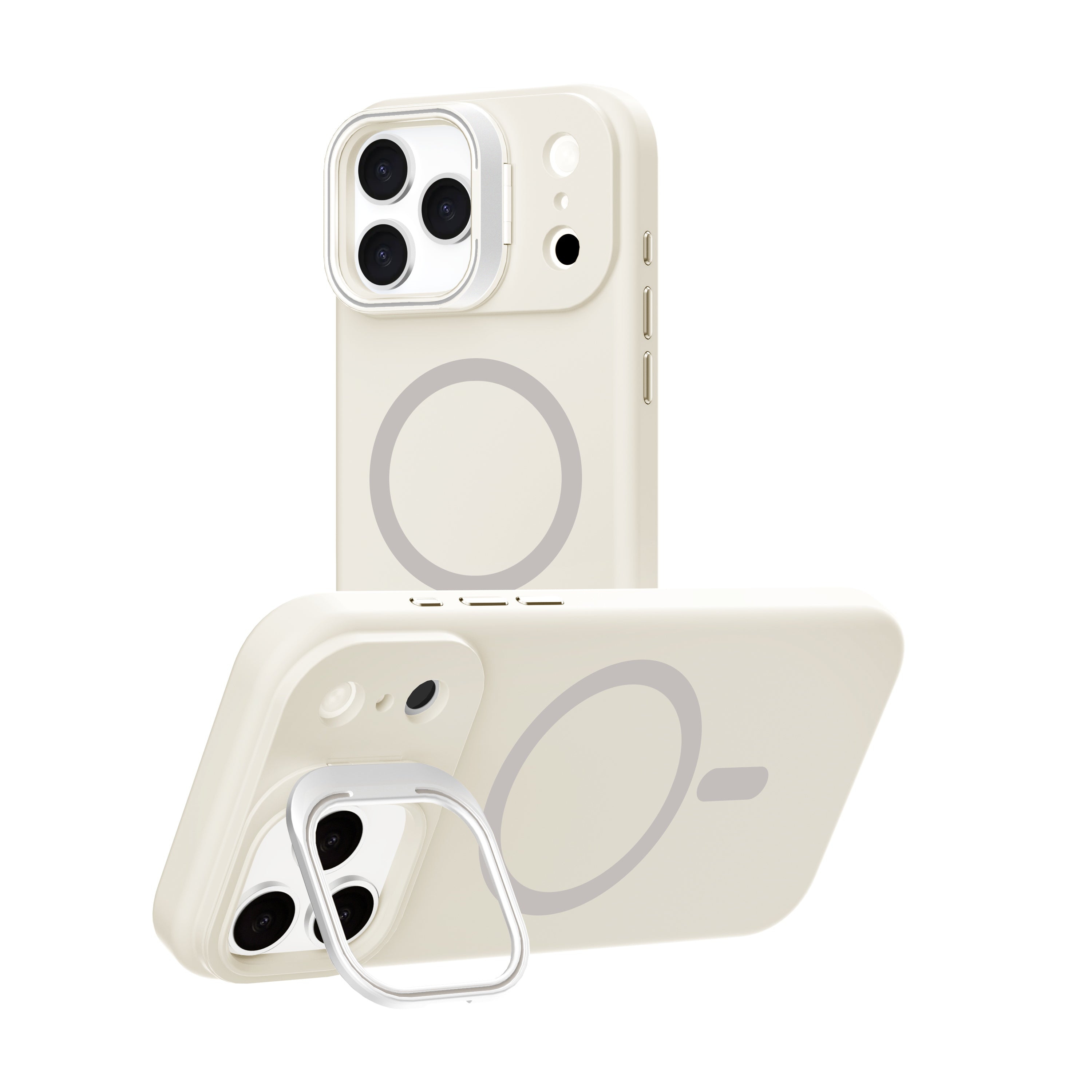 Off-White Silicone Camera Kickstand with Magnetic Compatibility for iPhone 17 6.1 with package