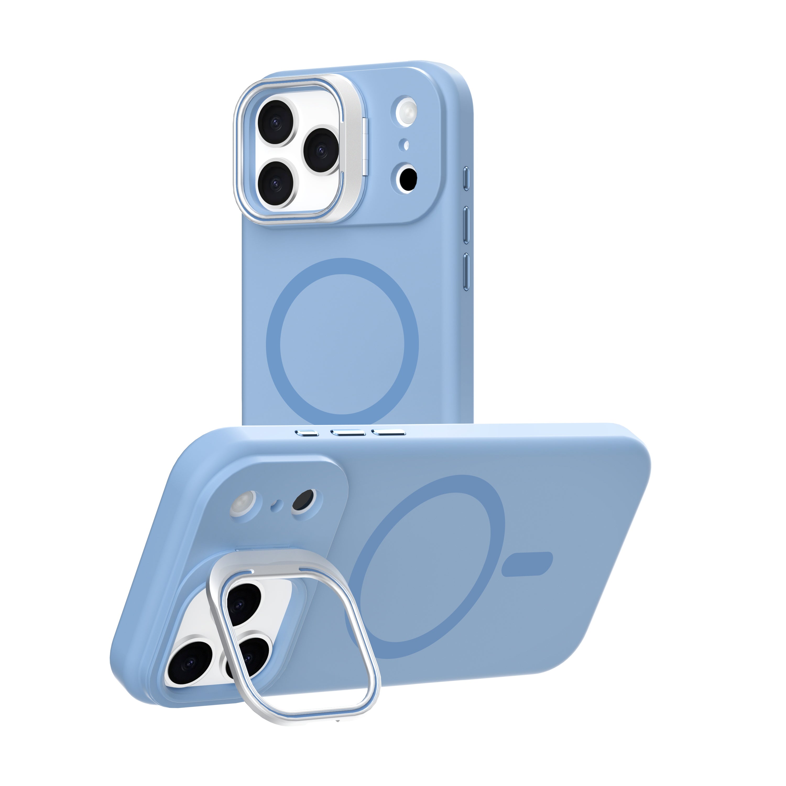 Light Blue Silicone Camera Kickstand with Magnetic Compatibility for iPhone 17 6.1 with package