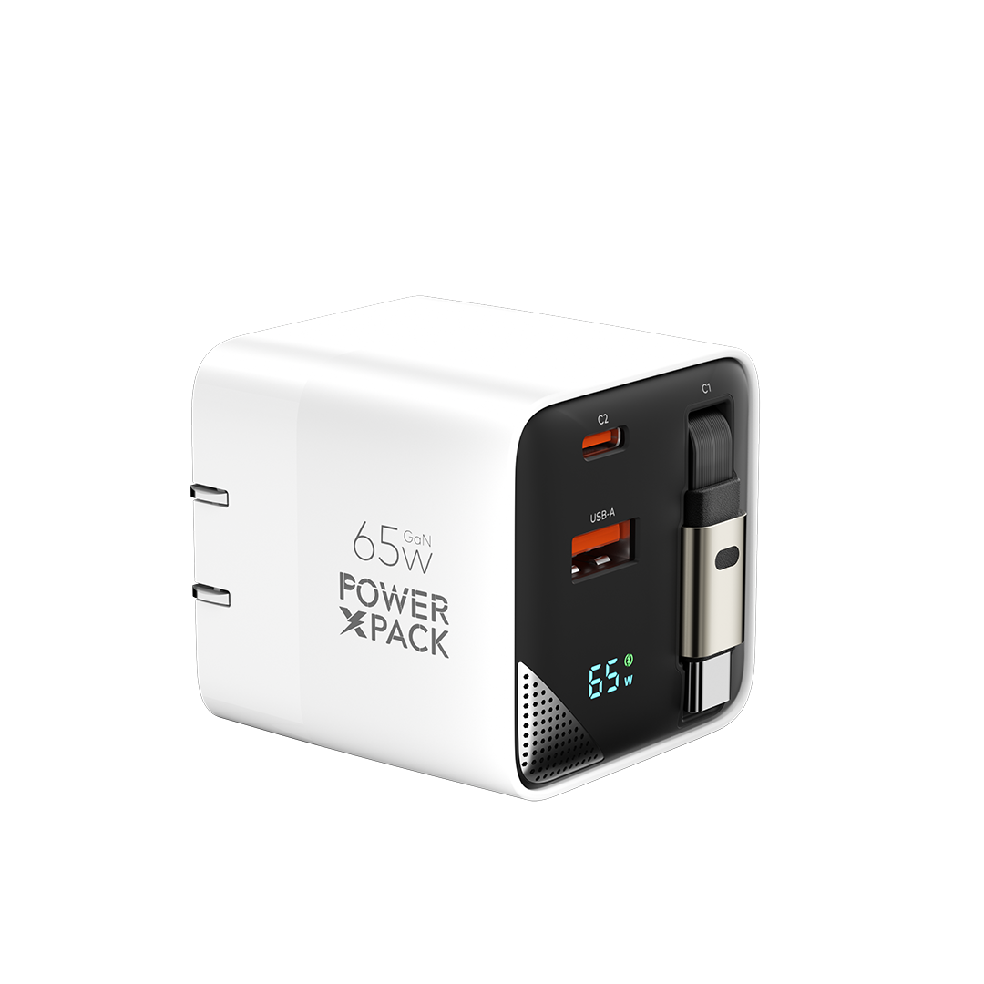 Power X Pack 65W GaN Dual Type-C & USB-A Fast Charger with Built-In Type-C Cable and Wattage Screen