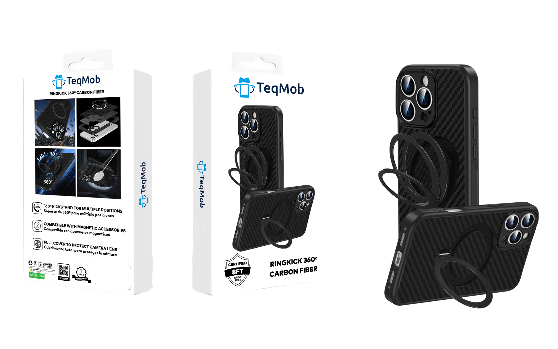 360 RINGKICK Carbon Fiber Case in Package for iPhone 15 6.1 / 14 6.1 / 13 6.1 with package