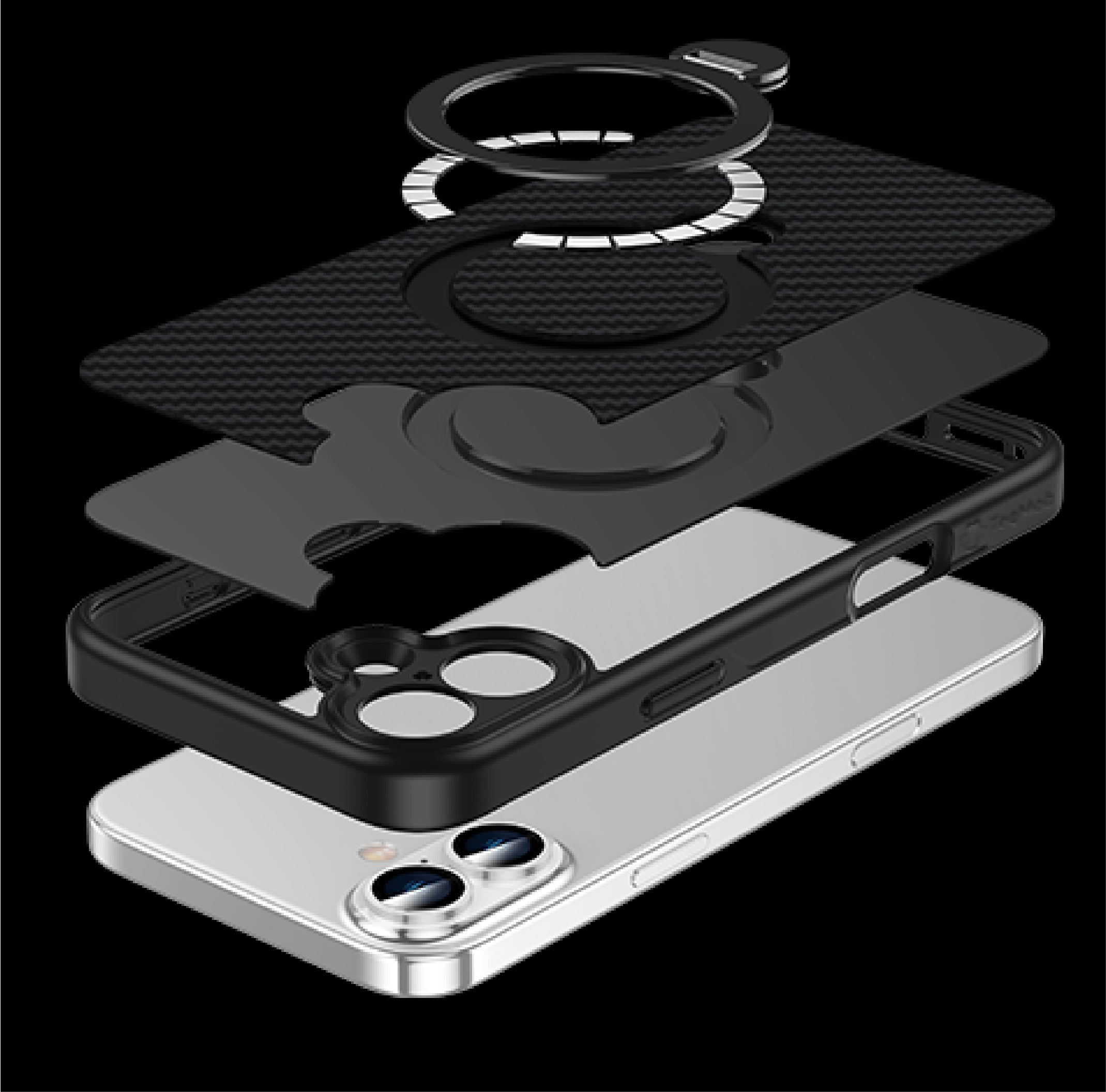 360 RINGKICK Carbon Fiber Case in Package for iPhone 15 6.1 / 14 6.1 / 13 6.1 with package