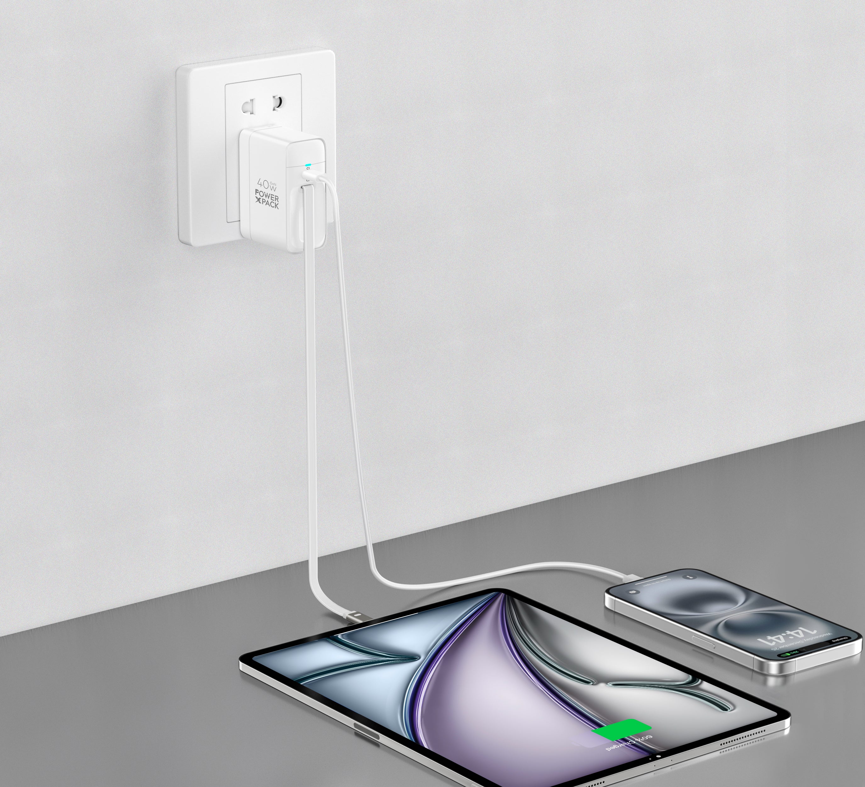 Power X Pack 40W GaN Dual Type-C Fast Charger with Built-In Type-C Cable