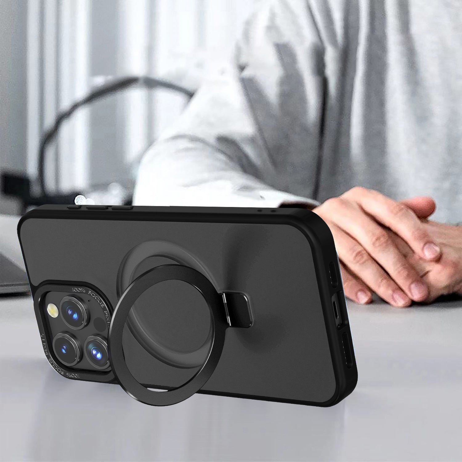 Black Frosted Kickstand with Magnetic Compatibility for iPhone 16e with package