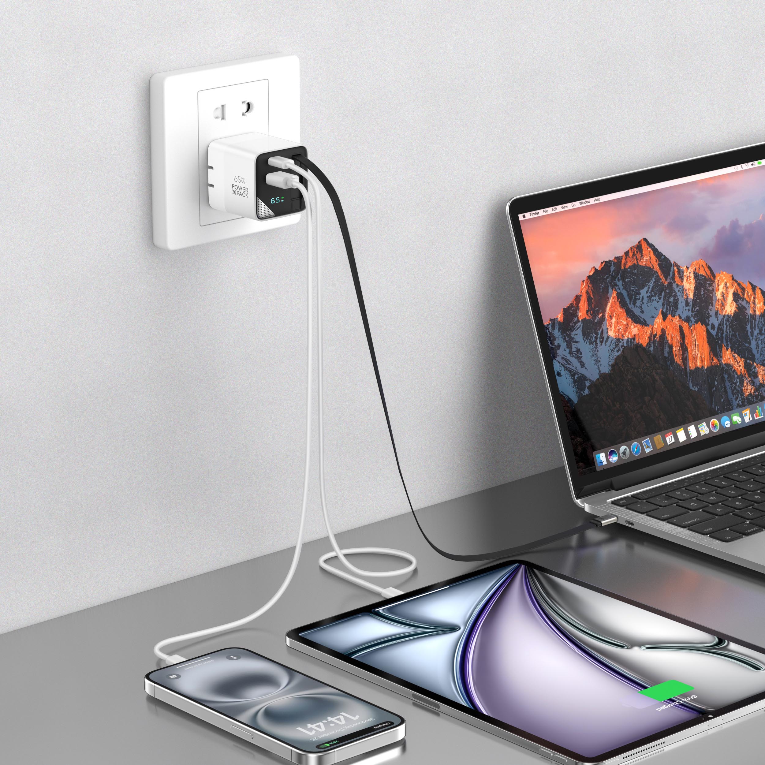 Power X Pack 65W GaN Dual Type-C & USB-A Fast Charger with Built-In Type-C Cable and Wattage Screen