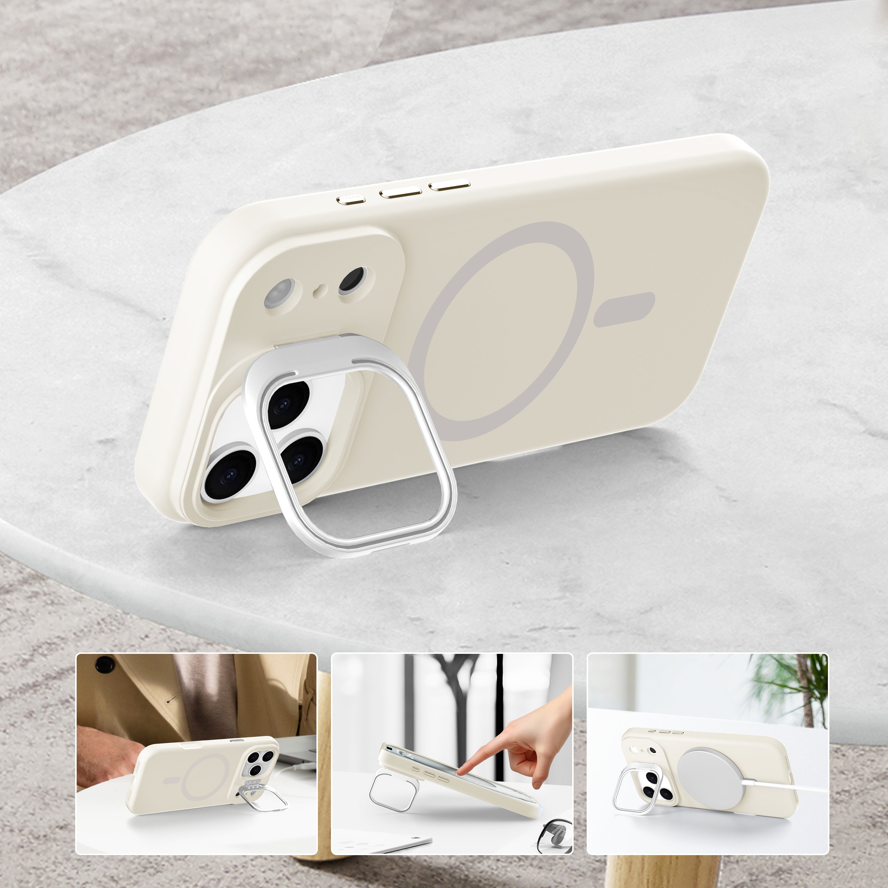 Off-White Silicone Camera Kickstand with Magnetic Compatibility for iPhone 17 6.1 with package
