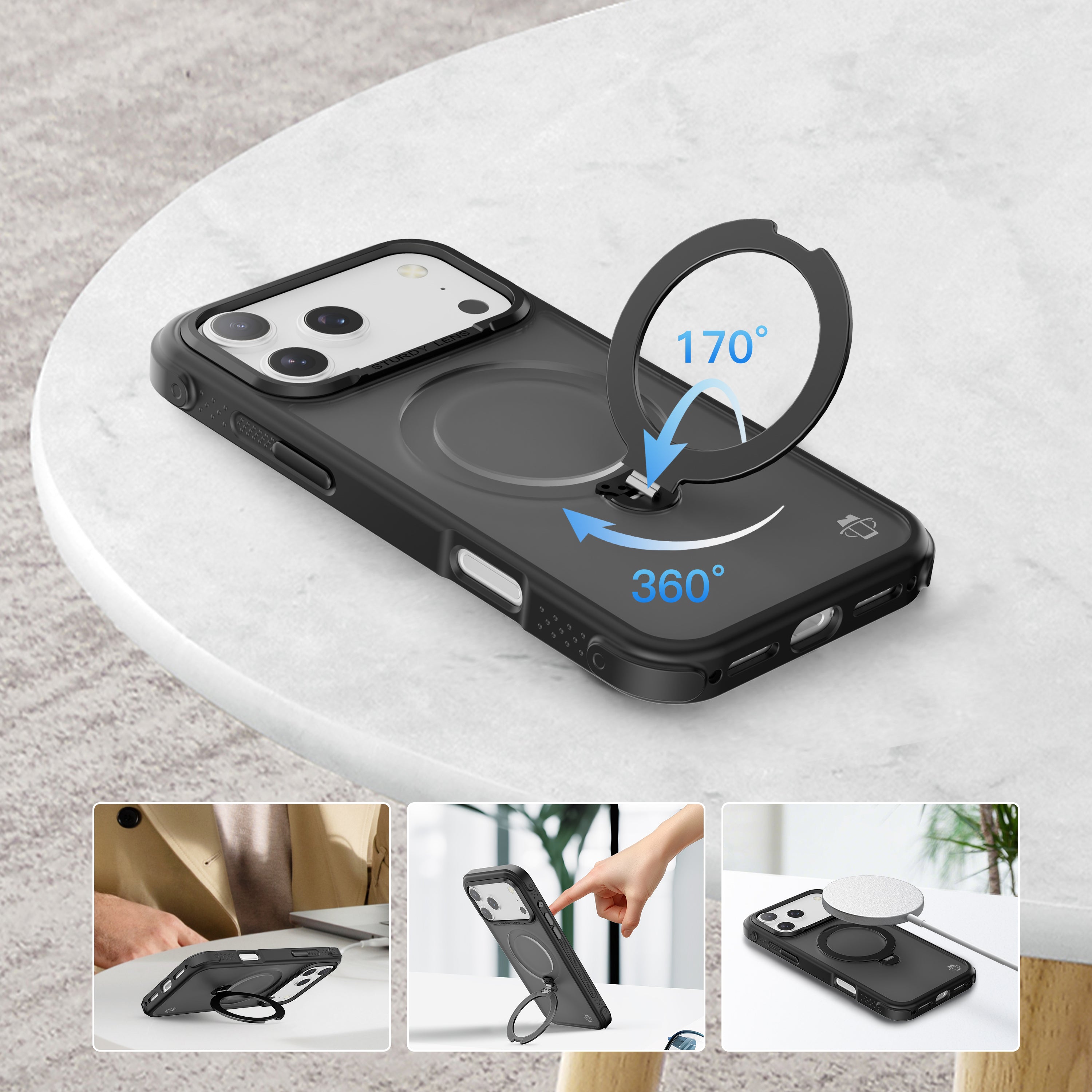Black Frosted Bumper with 360° Magnetic Kickstand for iPhone 17 Air with package