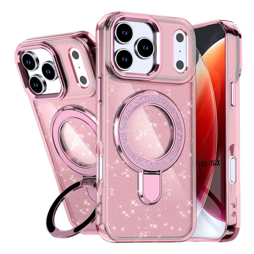 Pink Magnetic Transparent Glitter Kickstand Case for iPhone 17 Pro