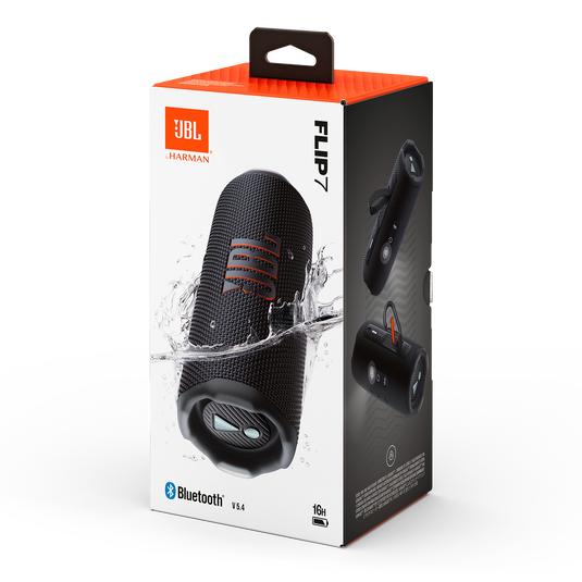 JBL Flip 7 - Portable Waterproof and Drop-Proof Speaker, Bold Pro Sound with AI Sound Boost, 16Hrs of Playtime, and PushLock System - Black (Room)