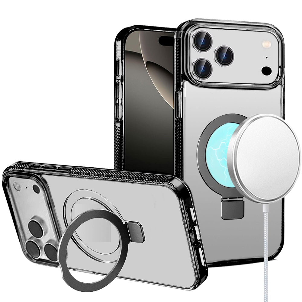 For iPhone 17 Pro Max Dotted Edged Line Transparent HQ Magnetic Ring Stand Hybrid - Black