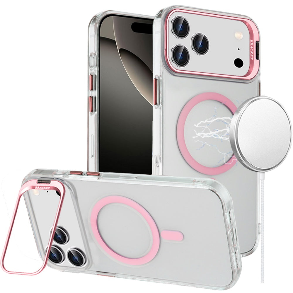 For iPhone 17 Pro Max Transparent HQ Hybrid with Metallic Camera Stand Magnetic Ring Case - Pink