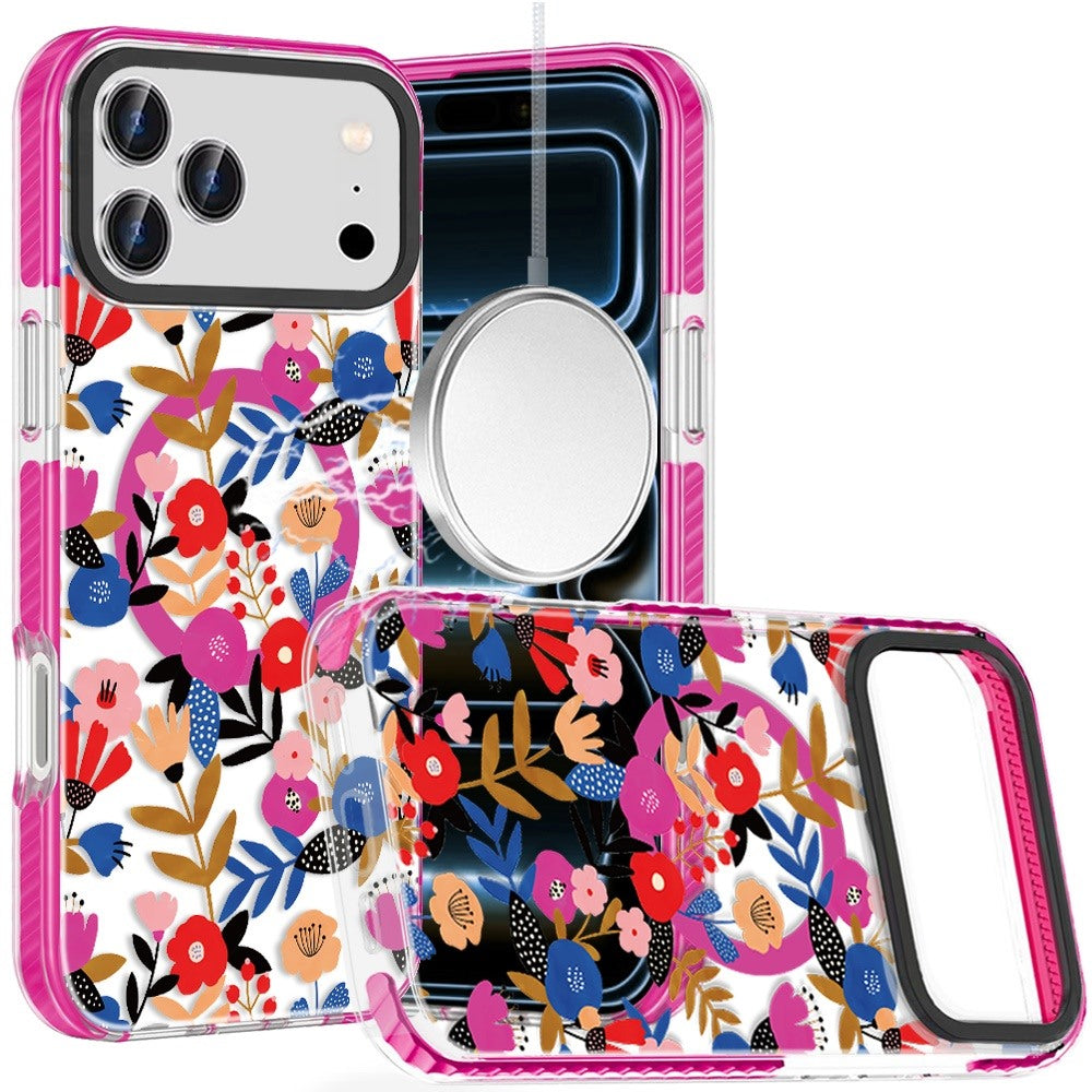 For iPhone 17 Pro Max Beautiful Magnetic Hybrid IMD Design Case - Colorful Mandala Flowers on White