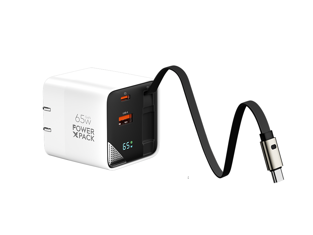 Power X Pack 65W GaN Dual Type-C & USB-A Fast Charger with Built-In Type-C Cable and Wattage Screen
