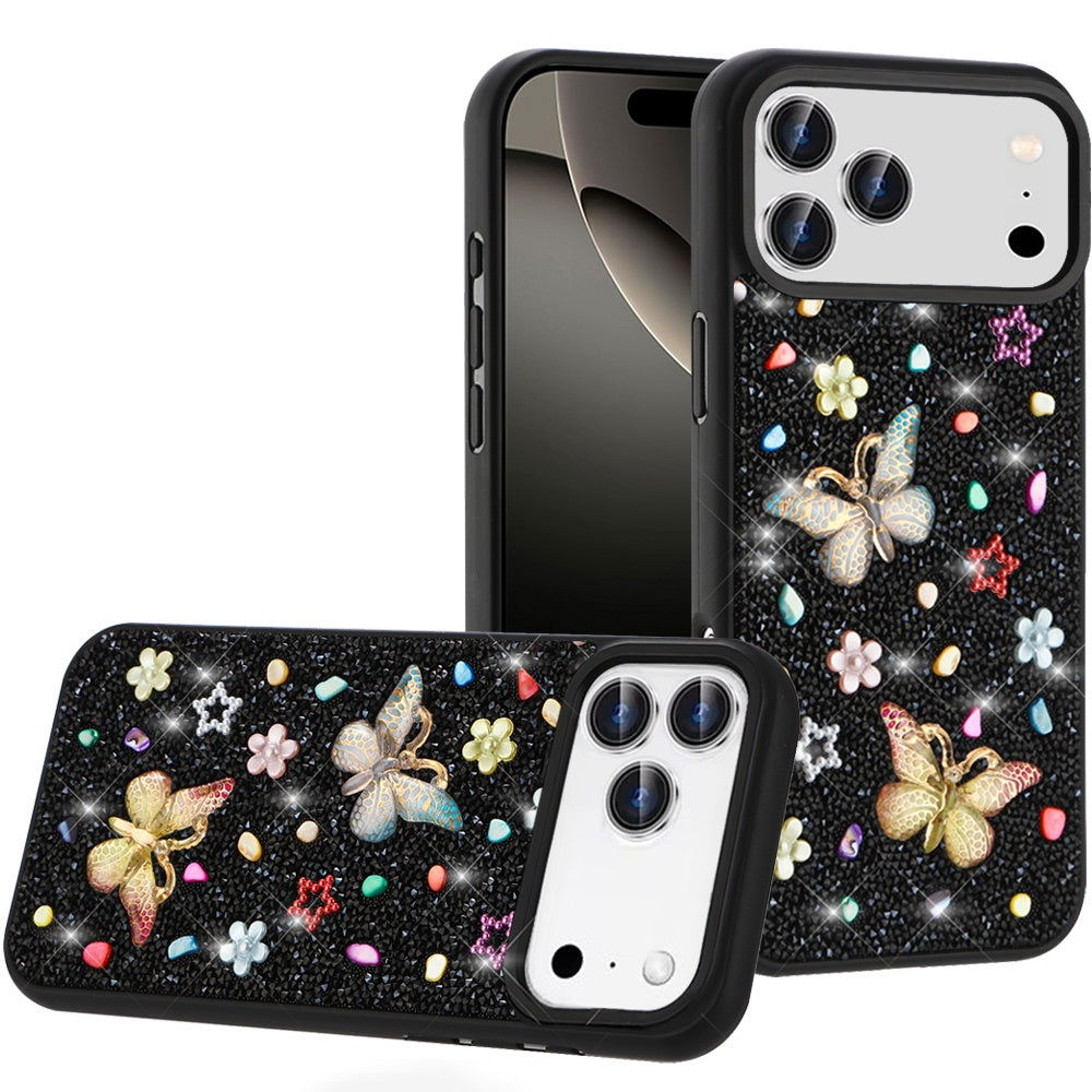 For iPhone 17 Pro Butterfly Ornaments Diamond Bling Glitter Hybrid Case - Black
