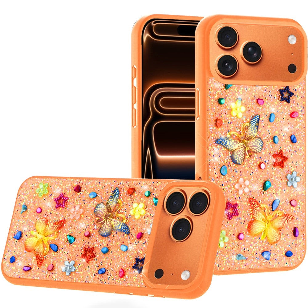 For iPhone 17 Pro Butterfly Ornaments Diamond Bling Glitter Hybrid Case - Cosmic Orange