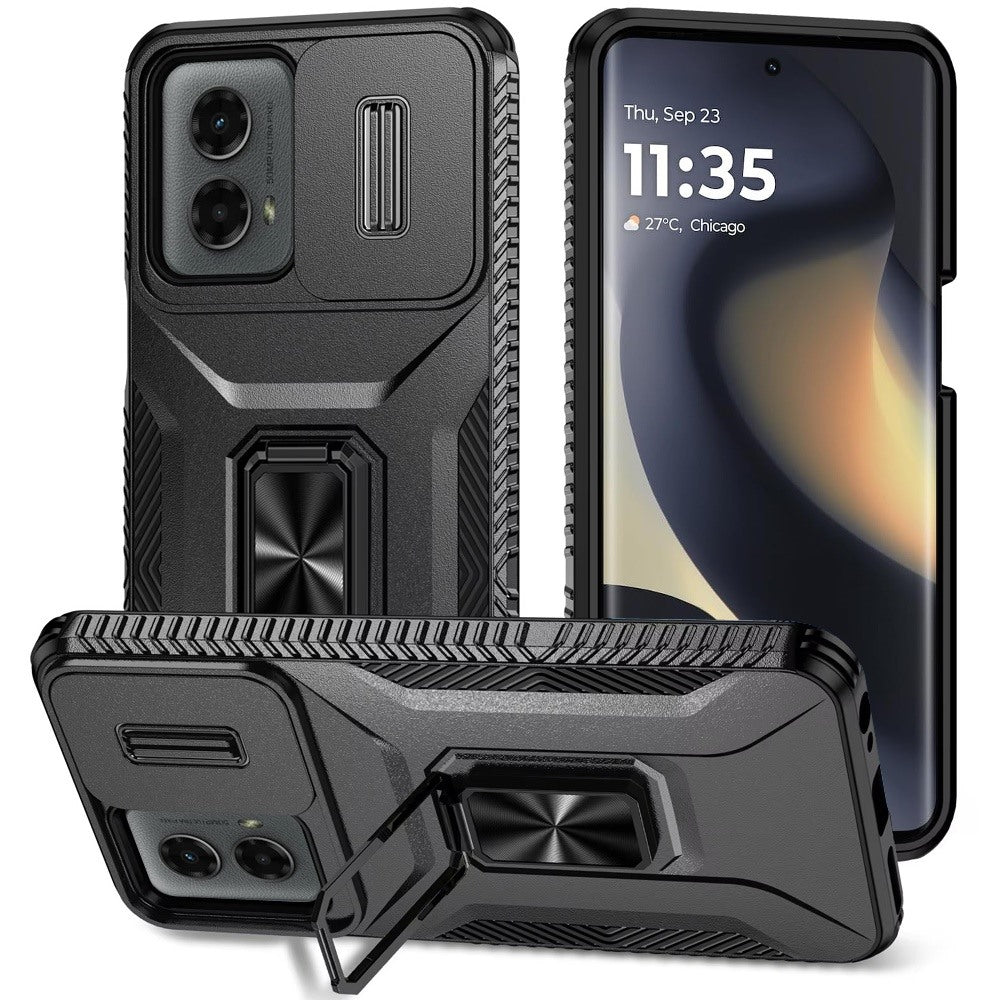 For Motorola Moto G 5G 2024 Complete Magnetic Metal Ring Stand Camera Protection Hybrid - Black