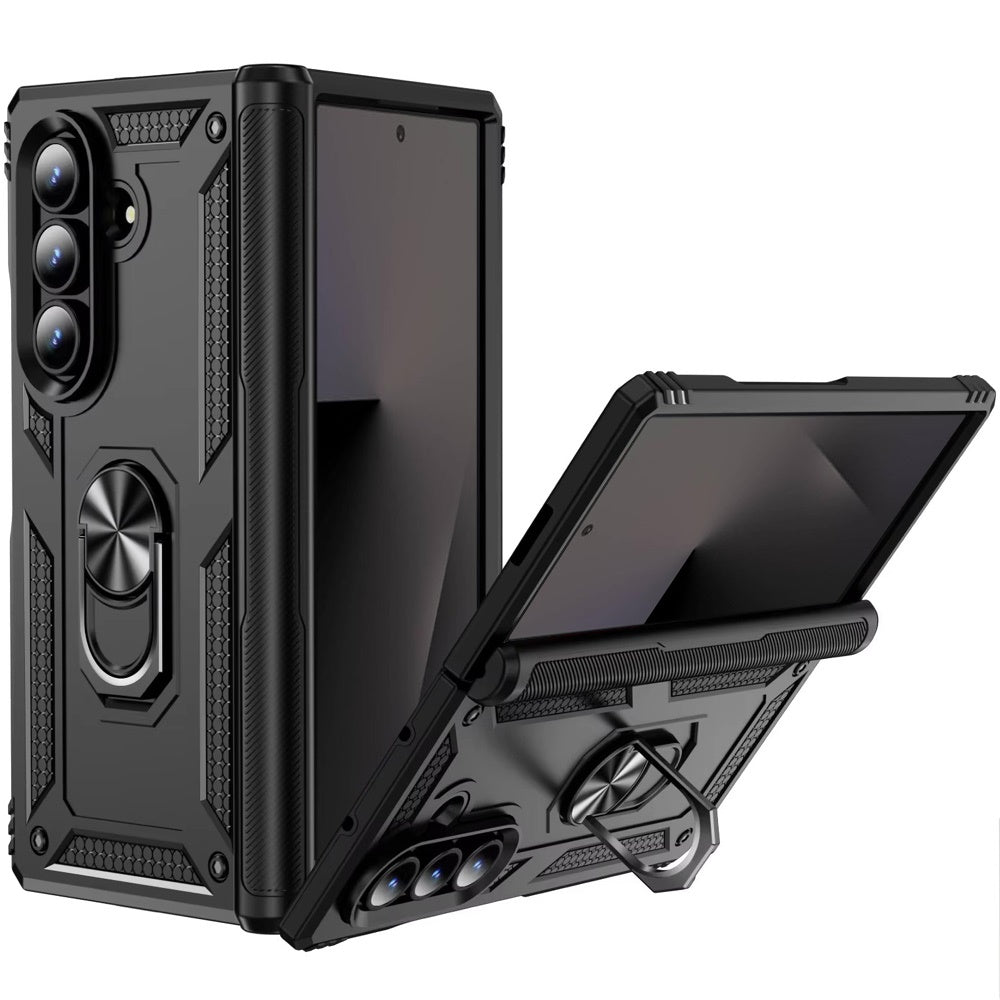 For Samsung Z Fold 7 Magnetic Ring Kickstand Hybrid Case Cover - Black