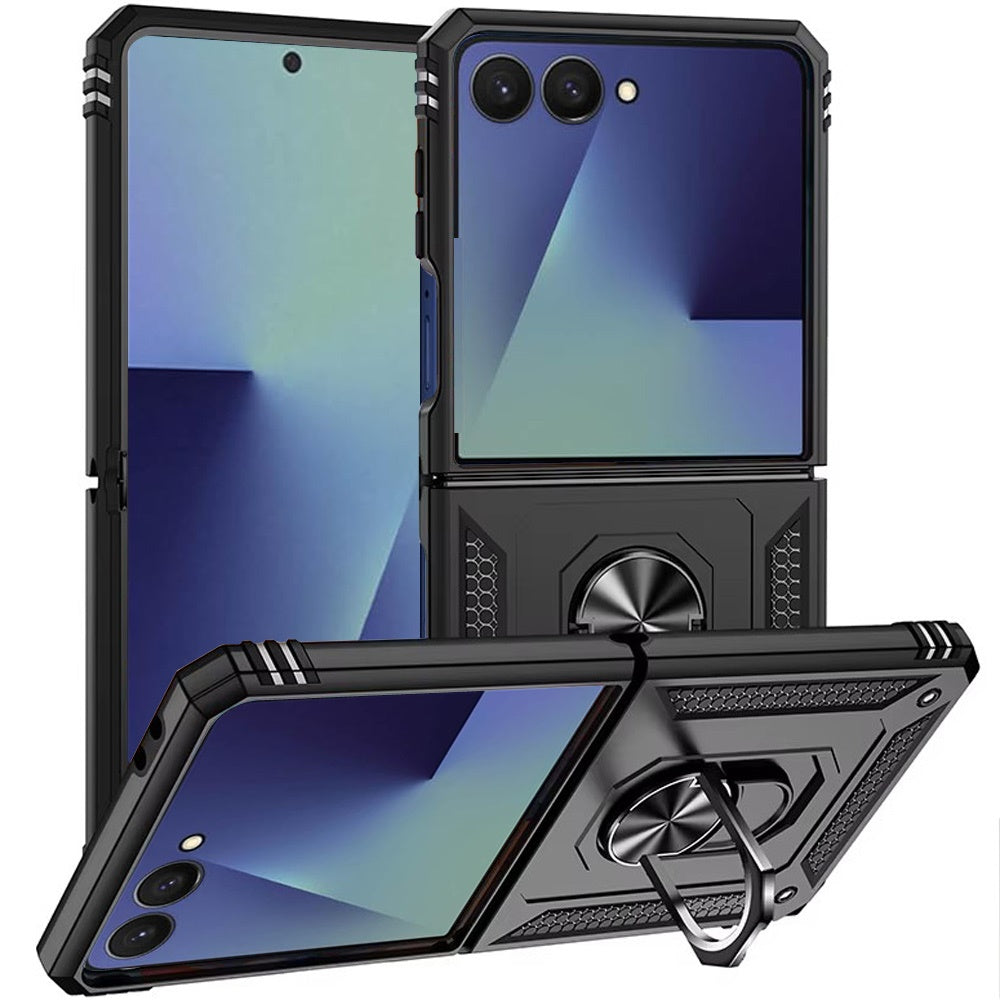 For Samsung Z Flip 7 Magnetic Ring Kickstand Hybrid Case Cover - Black