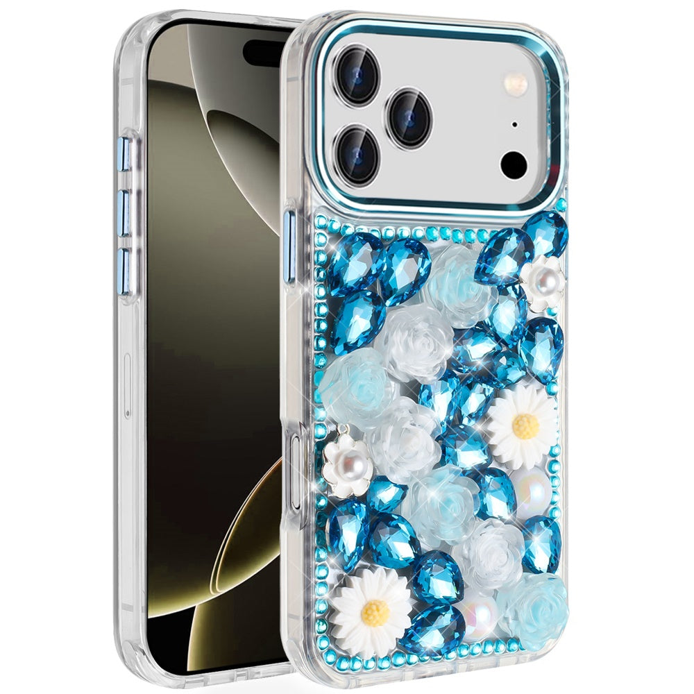 For iPhone 17 Pro Max Spectacular Full Bling Stones Glitter HQ Hybrid Floral Series - Blue