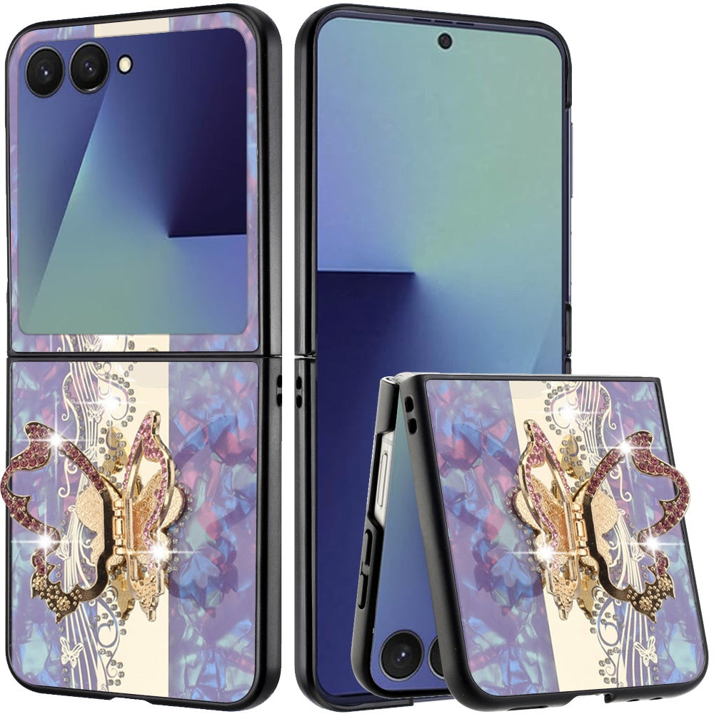 For Samsung Z Flip 7 SPLENDID Diamond Glitter Ornaments Engraving Case Cover - Enchanted Butterfly Purple
