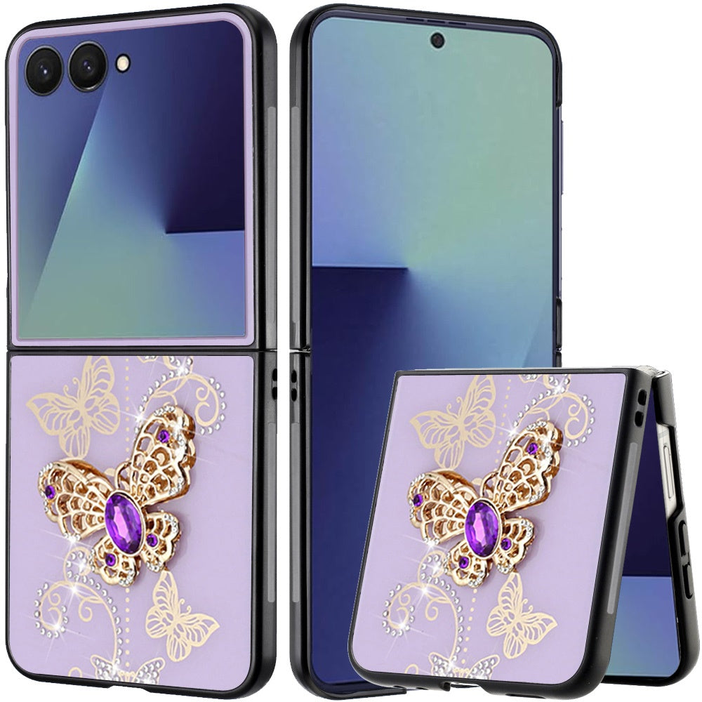 For Samsung Z Flip 7 SPLENDID Diamond Glitter Ornaments Engraving Case Cover - Garden Butterflies Purple
