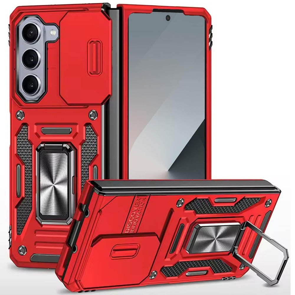 For Samsung Z Fold 7 Utter Tough Metal Ring Movable Camera Window Hybrid Case Cover - Red