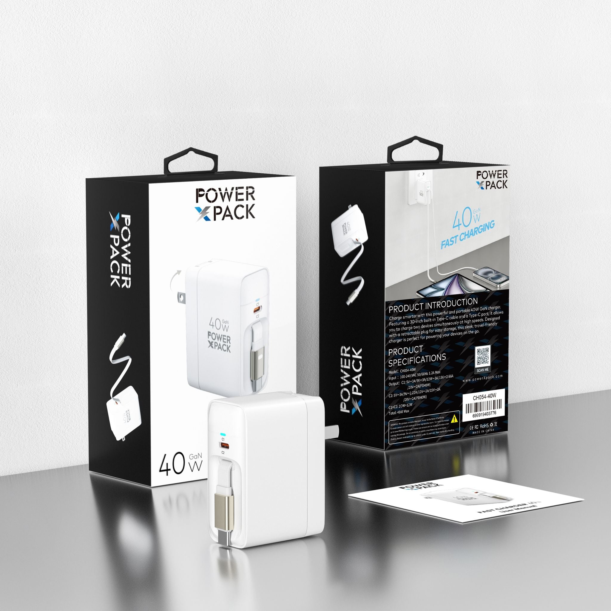 Power X Pack 40W GaN Dual Type-C Fast Charger with Built-In Type-C Cable