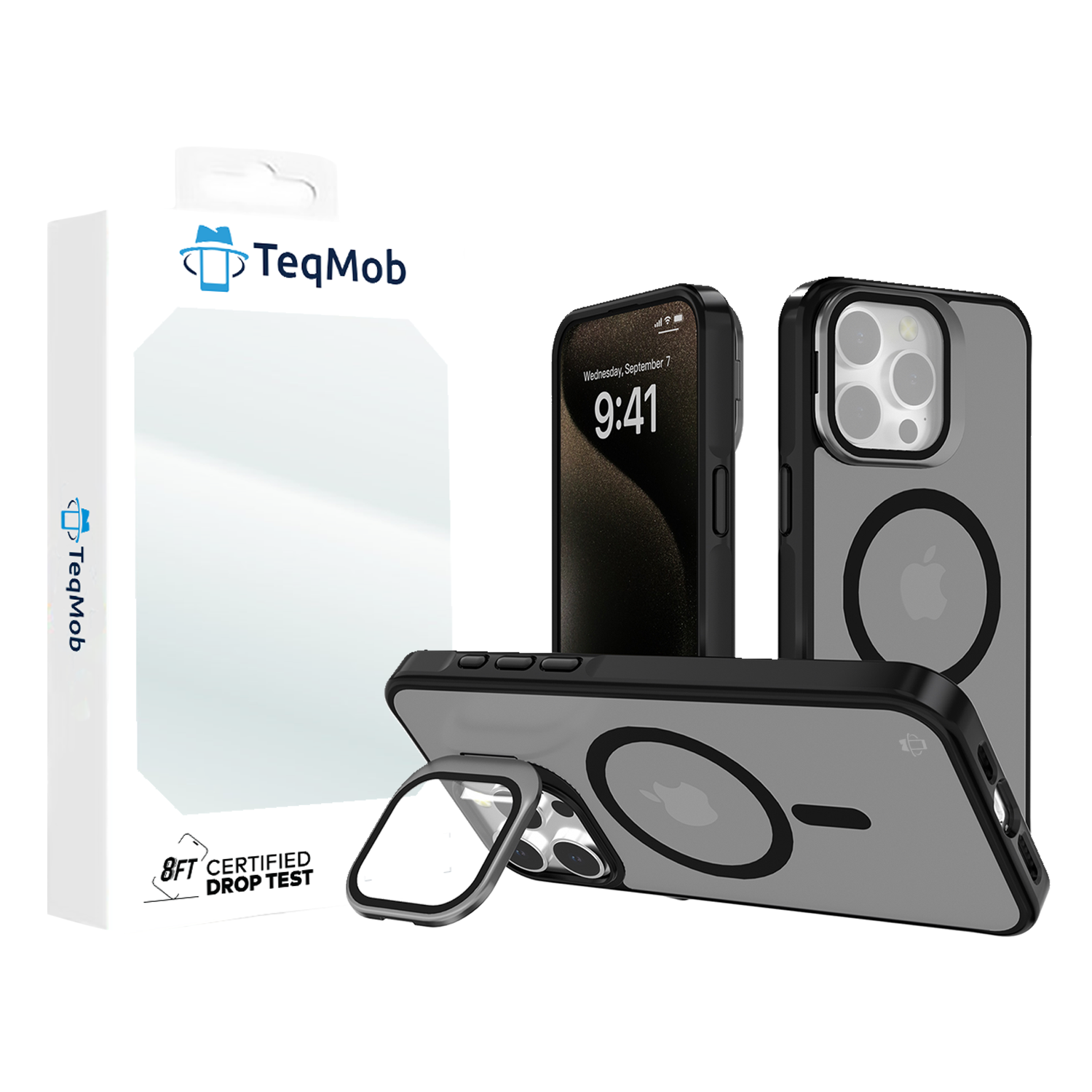 Black Smoked Camera Kickstand Case with Built-In Glass Camera protector and Magnetic Compatibility for iPhone 15 Pro with package