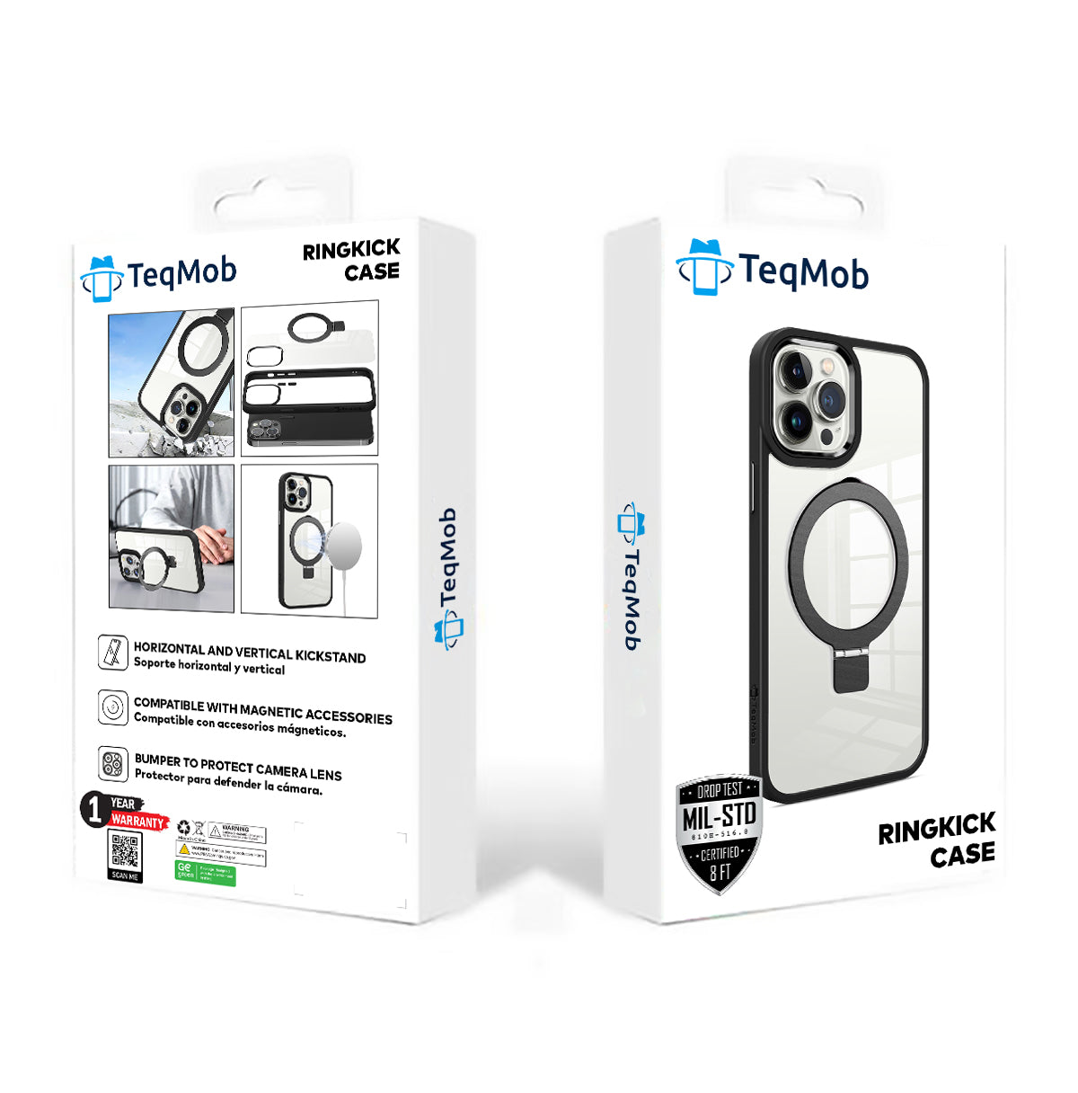 Clear Black Frame Kickstand with Magnetic Compatibility for iPhone 15 6.1 / 14 6.1 / 13 6.1 with package