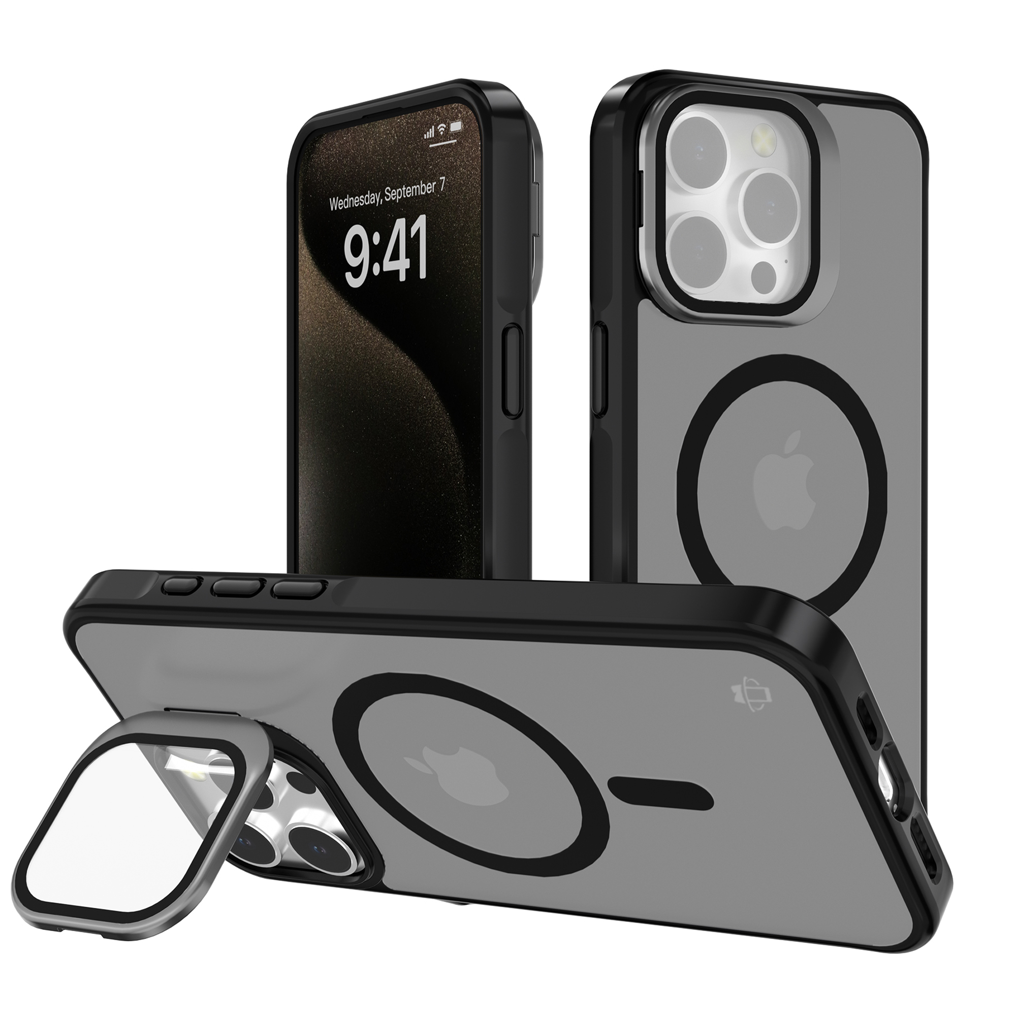 Black Smoked Camera Kickstand Case with Built-In Glass Camera protector and Magnetic Compatibility for iPhone 15 Pro