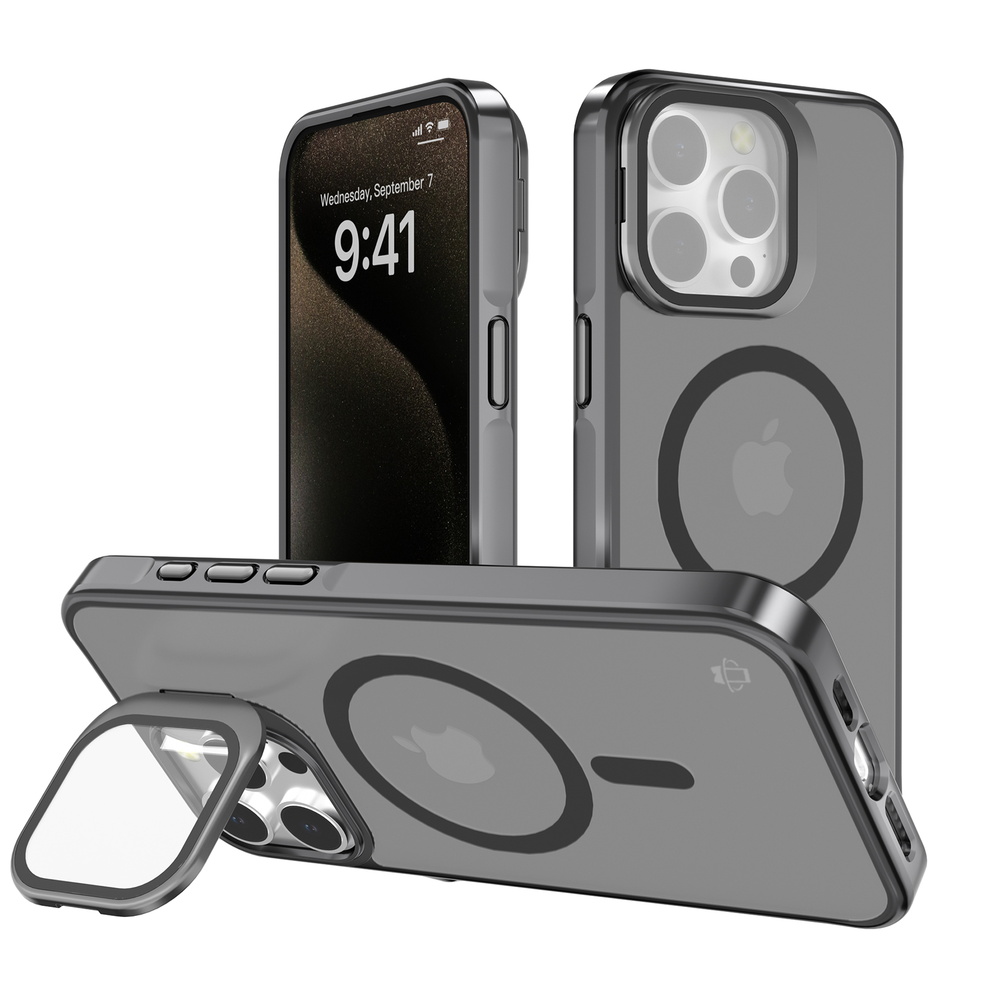 Gray Smoked Camera Kickstand Case with Built-In Glass Camera protector and Magnetic Compatibility for iPhone 16 Pro