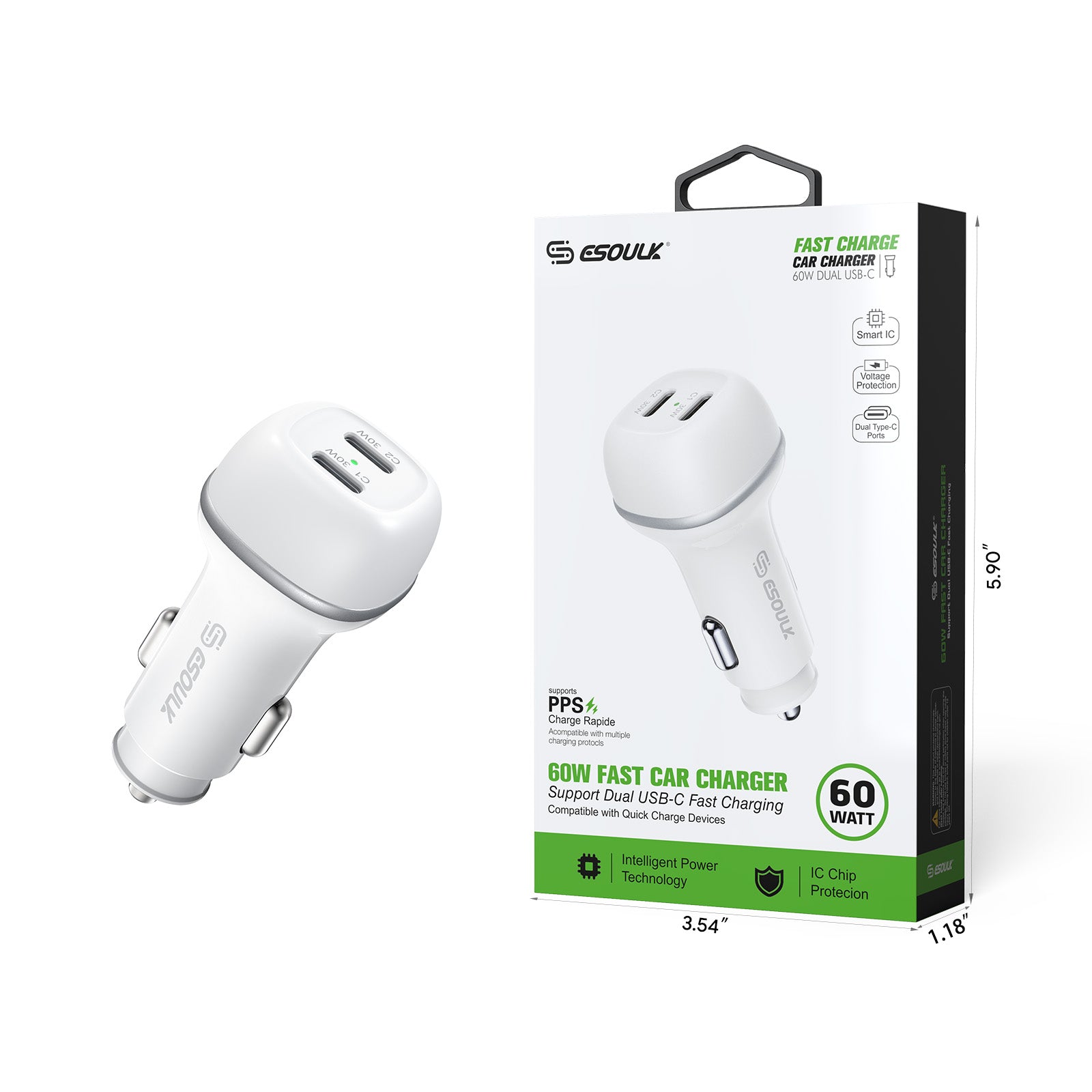 60W PD DUAL USB-C CAR Charging Plug