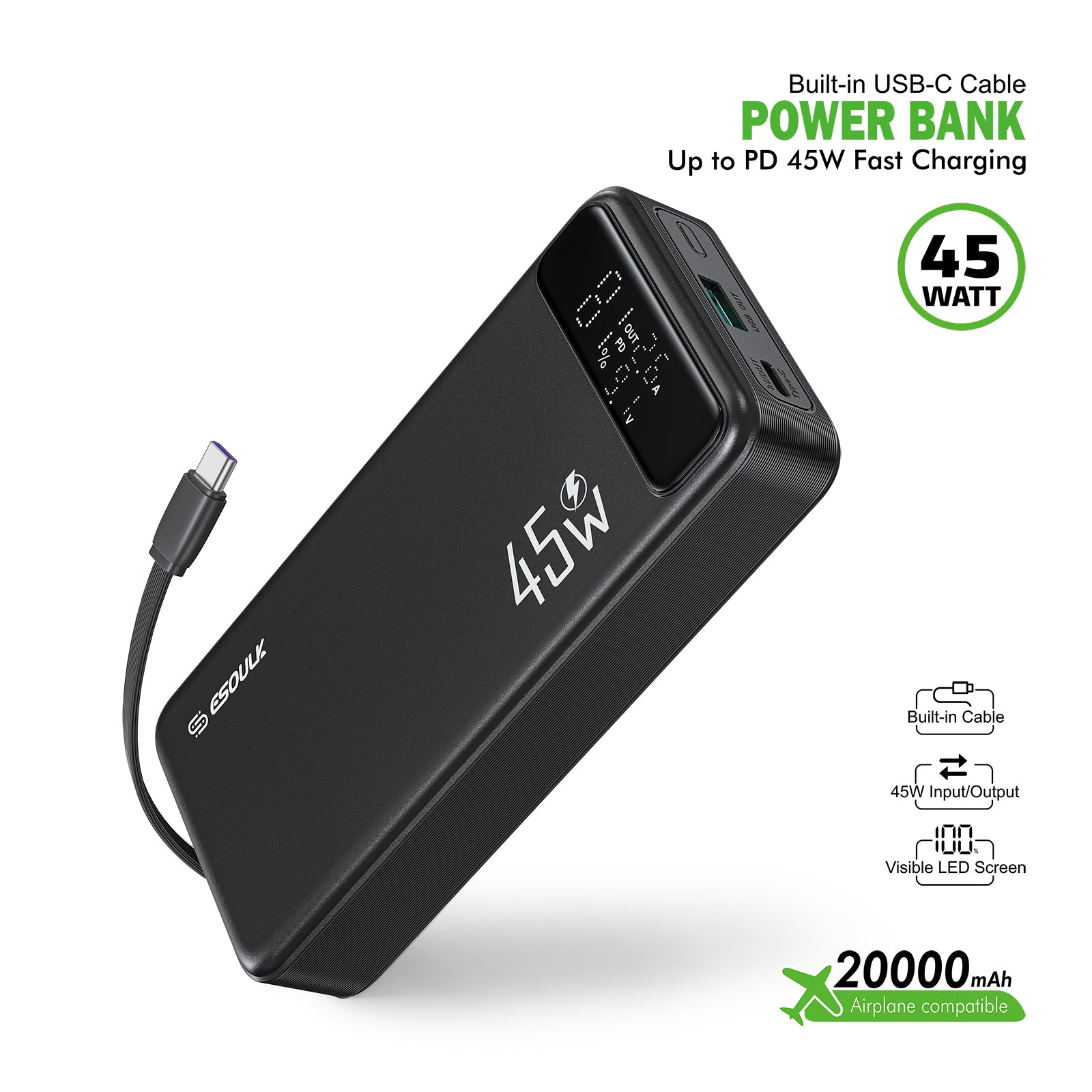 20000mAh PD 45W Built-in USB-C Cable Power Bank