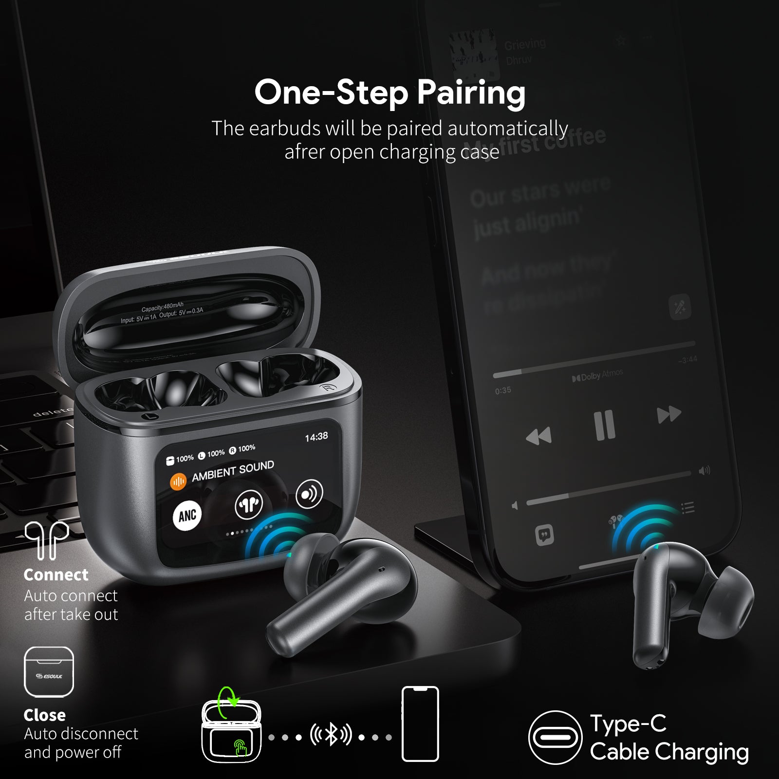 Touch Screen ANC&ENC Wireless Earbuds