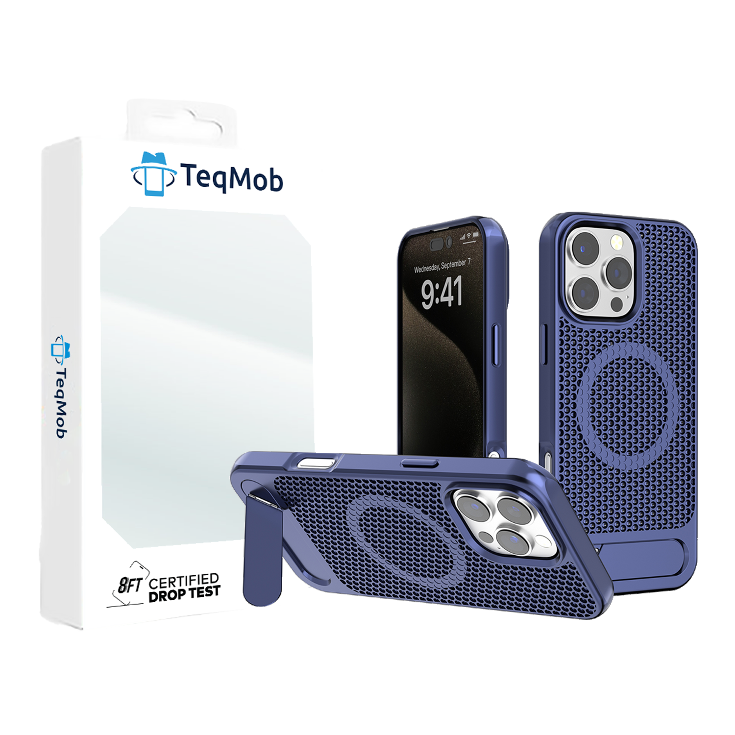 Blue Grid Case with Built-In Kickstand and Magnetic Compatibility for iPhone 16 Pro with package