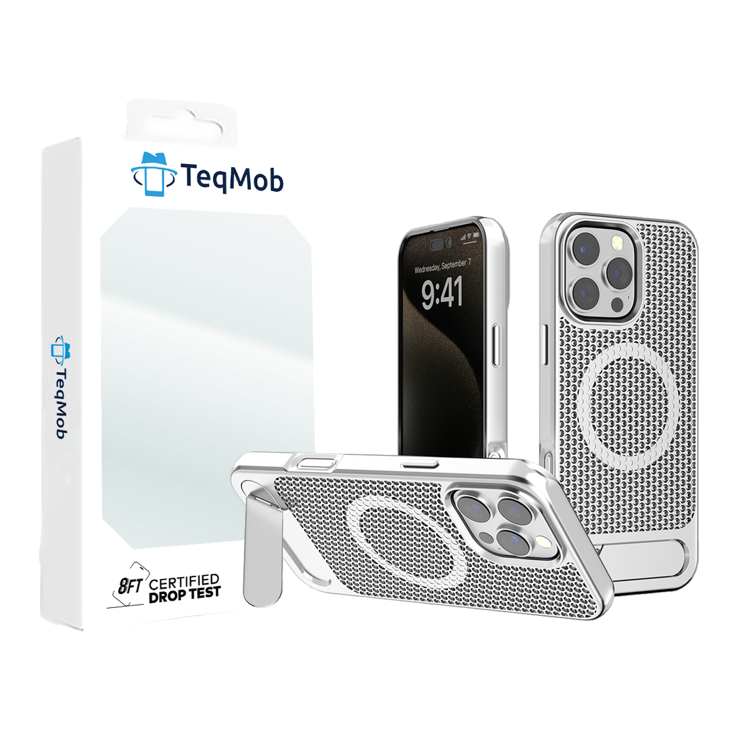 Silver Grid Case with Built-In Kickstand and Magnetic Compatibility for iPhone 16 Pro with package