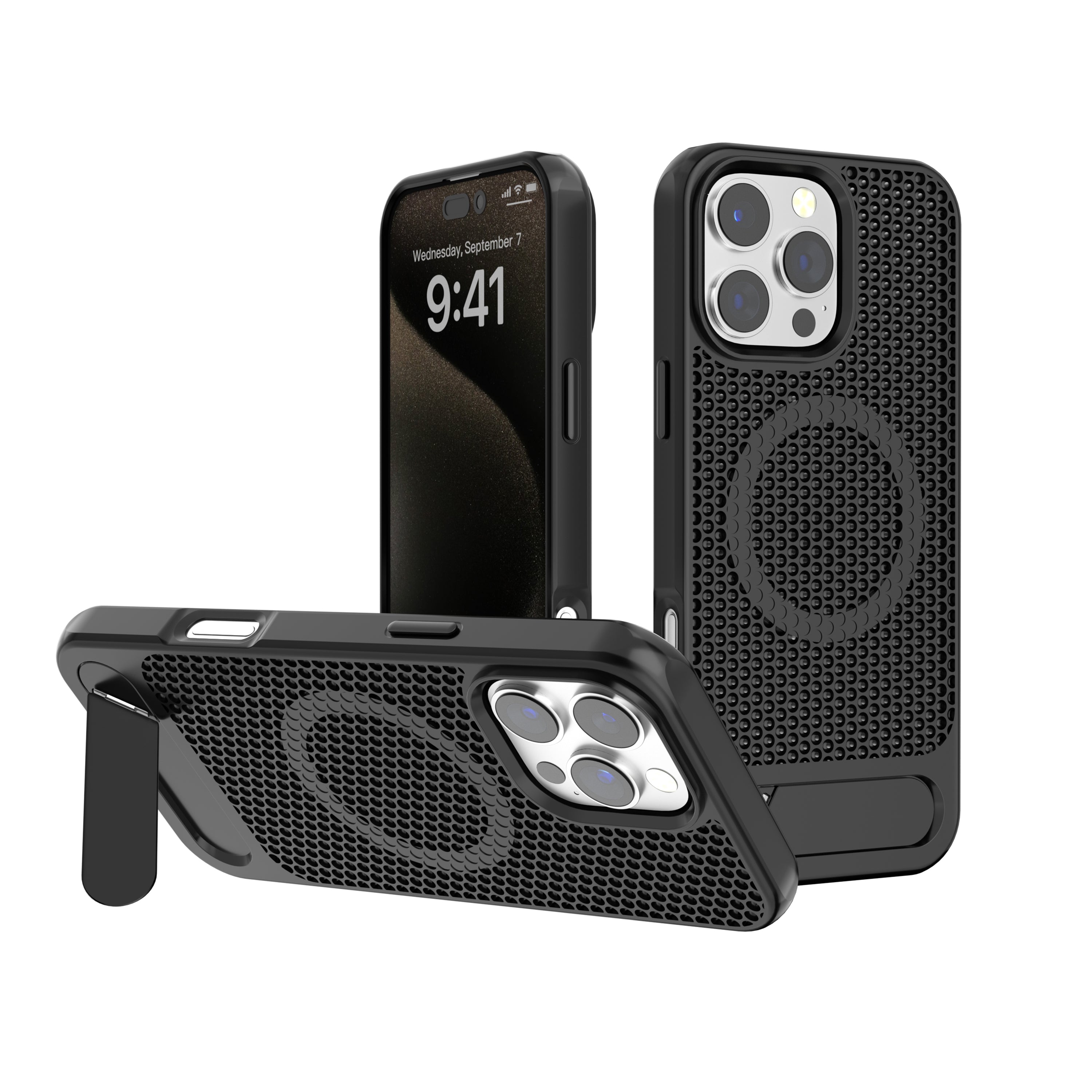 Black Grid Case with Built-In Kickstand and Magnetic Compatibility for iPhone 15 Plus / 14 Plus
