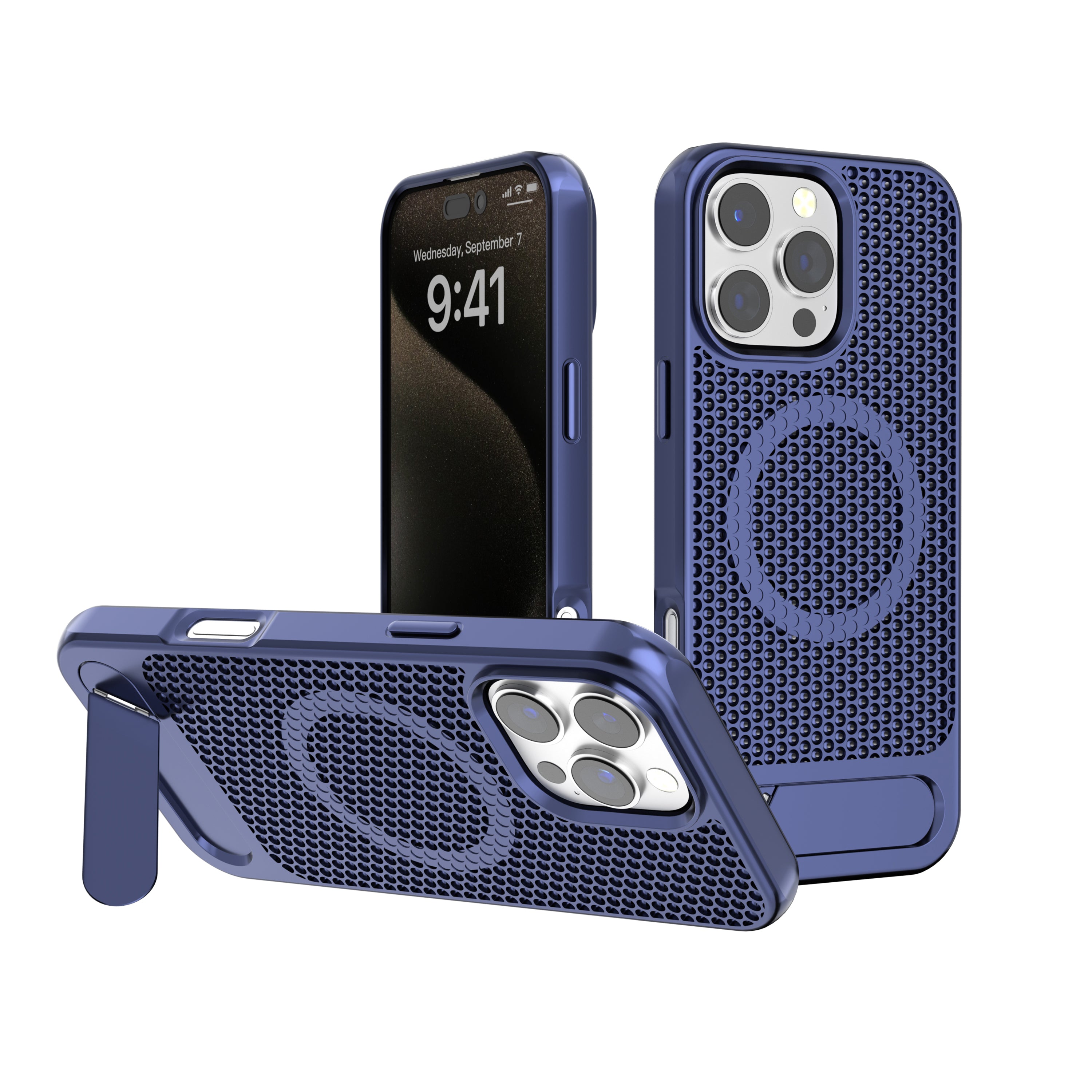 Blue Grid Case with Built-In Kickstand and Magnetic Compatibility for iPhone 15 Plus / 14 Plus