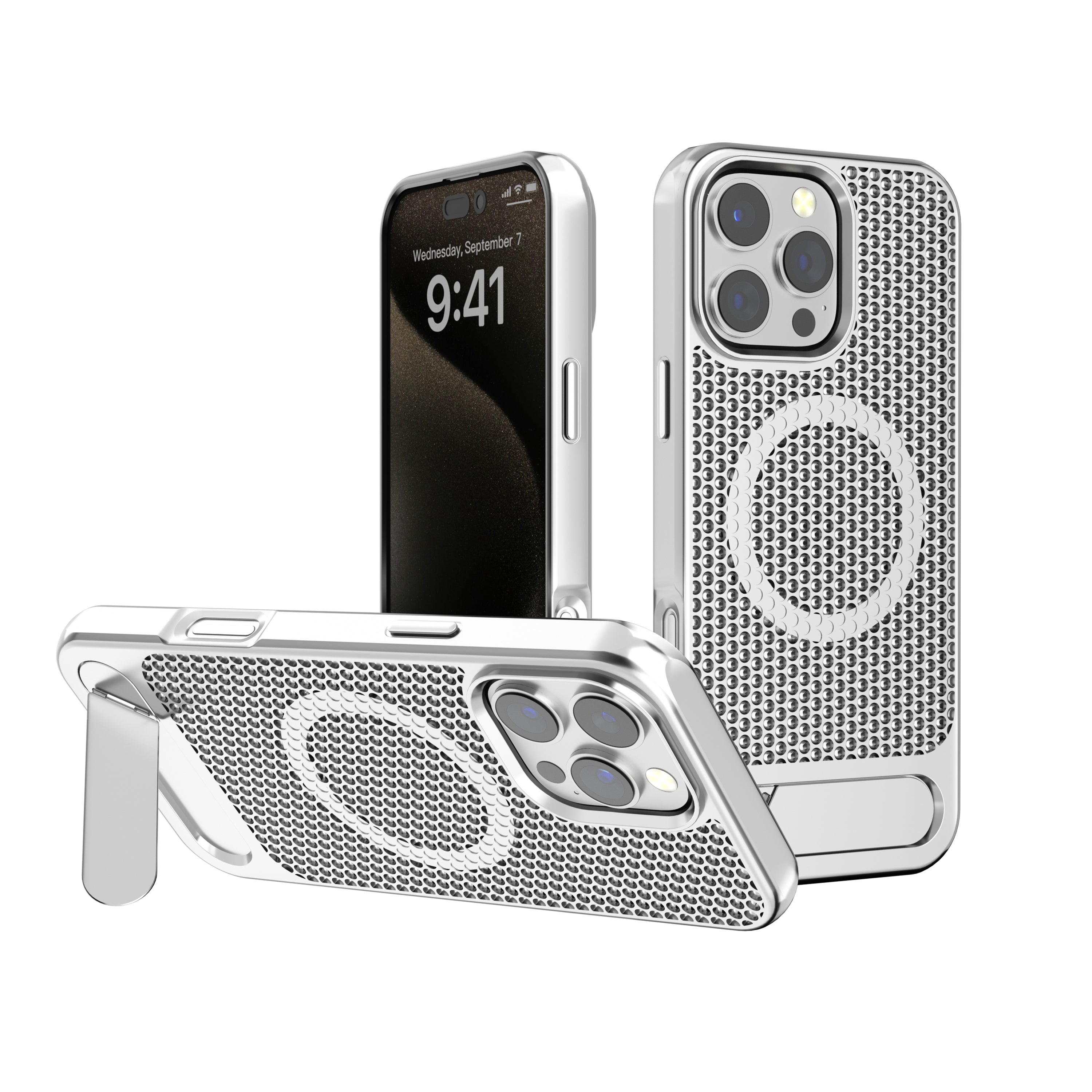 Silver Grid Case with Built-In Kickstand and Magnetic Compatibility for iPhone 15 Plus / 14 Plus