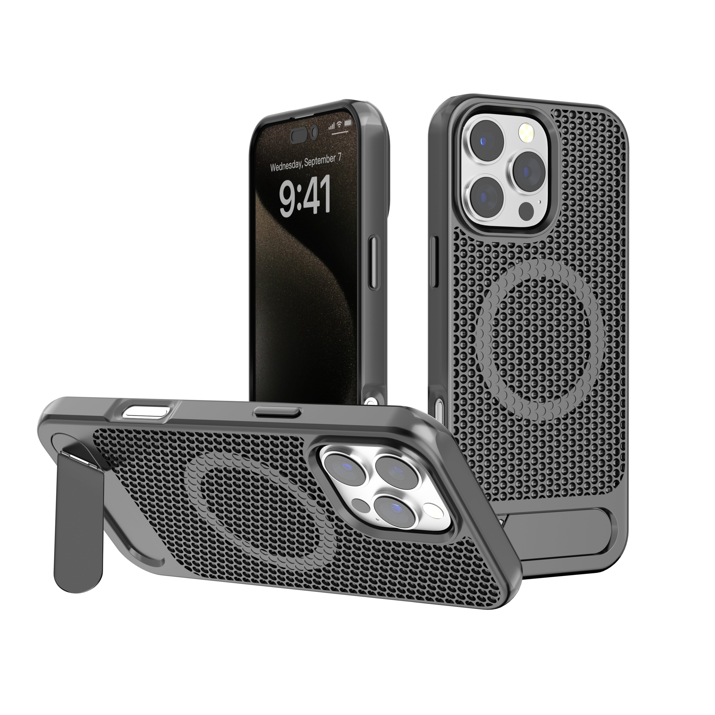 Gray Grid Case with Built-In Kickstand and Magnetic Compatibility for iPhone 15 Plus / 14 Plus