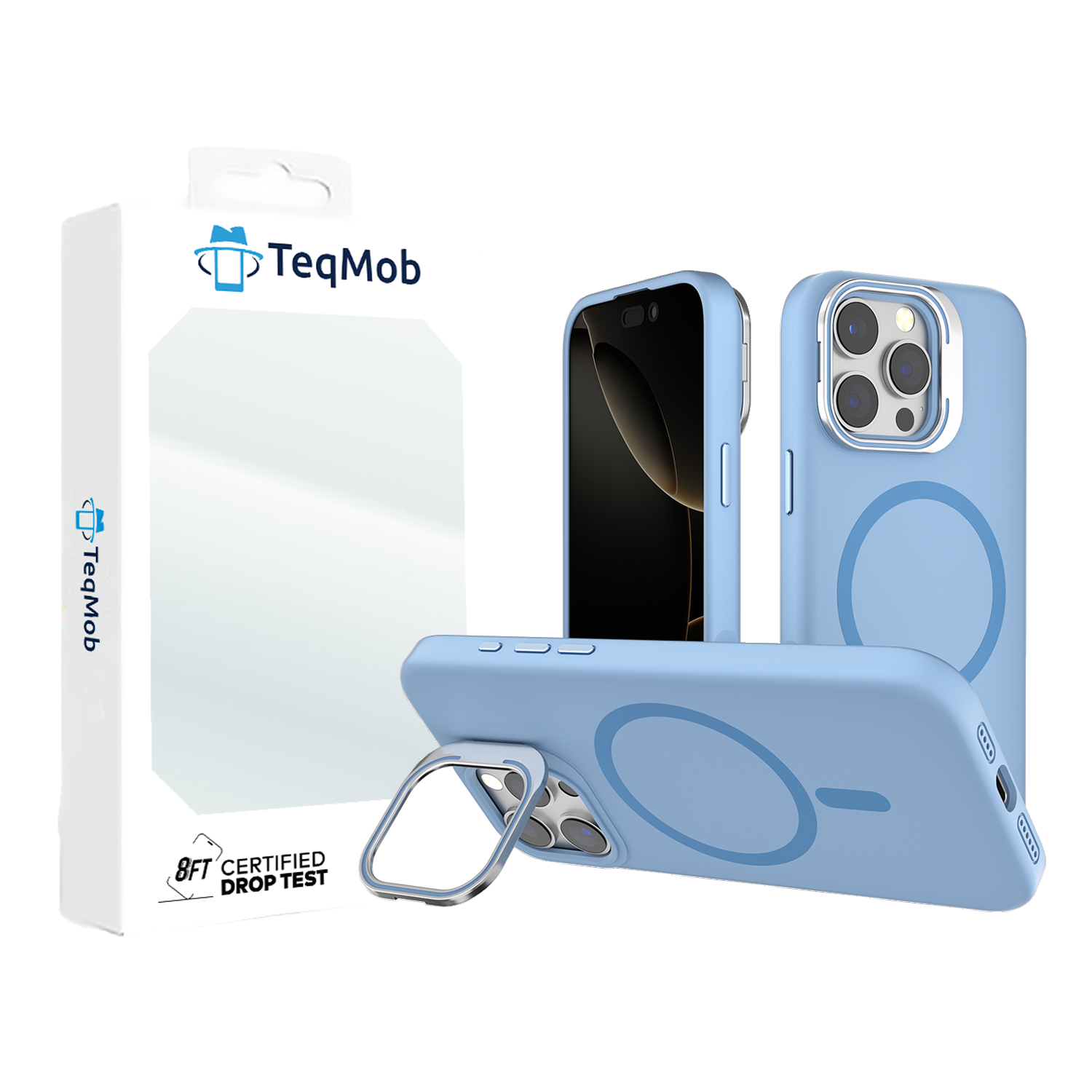 Light Blue Silicone Camera Kickstand with Magnetic Compatibility for iPhone 16 Pro with package
