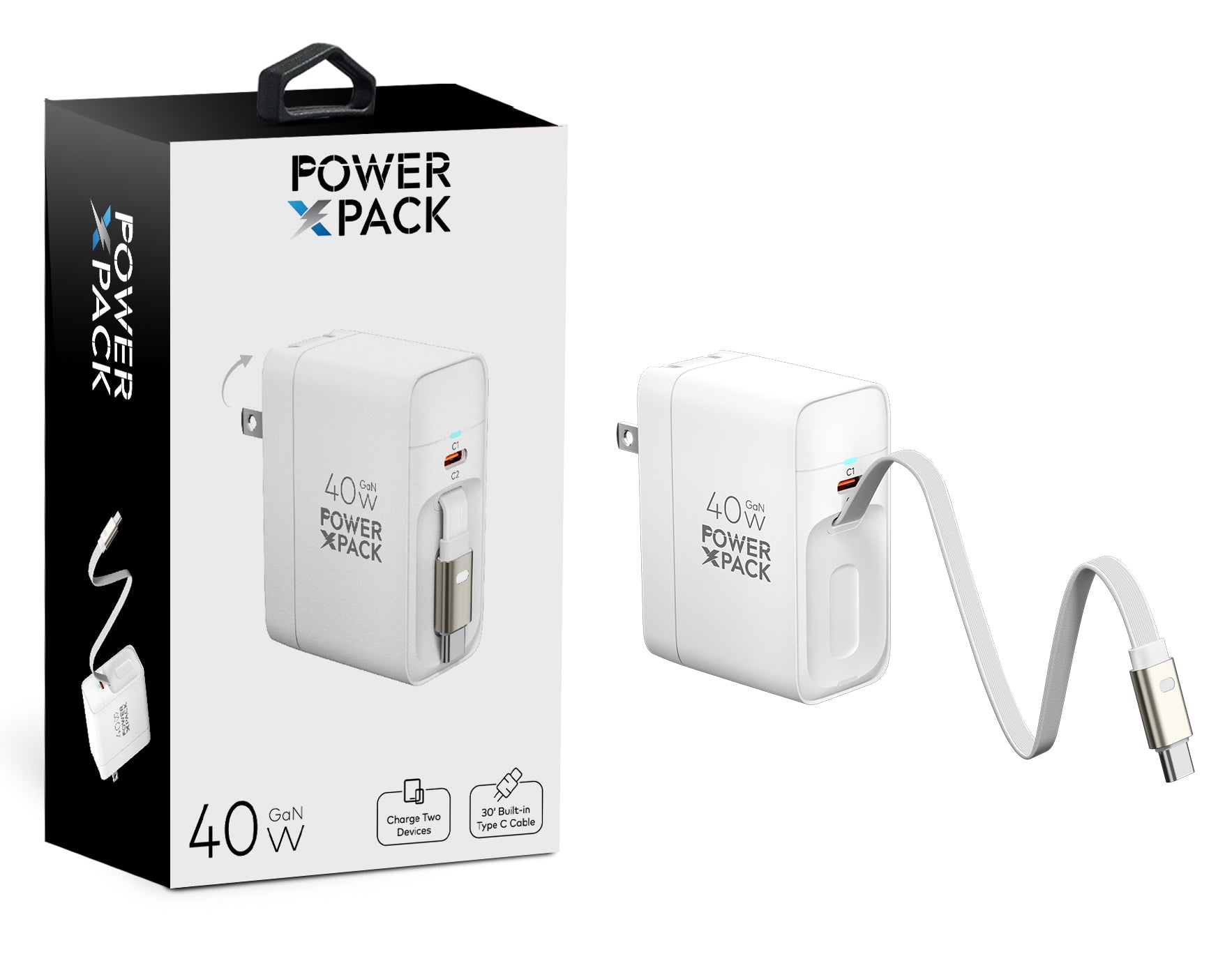Power X Pack 40W GaN Dual Type-C Fast Charger with Built-In Type-C Cable