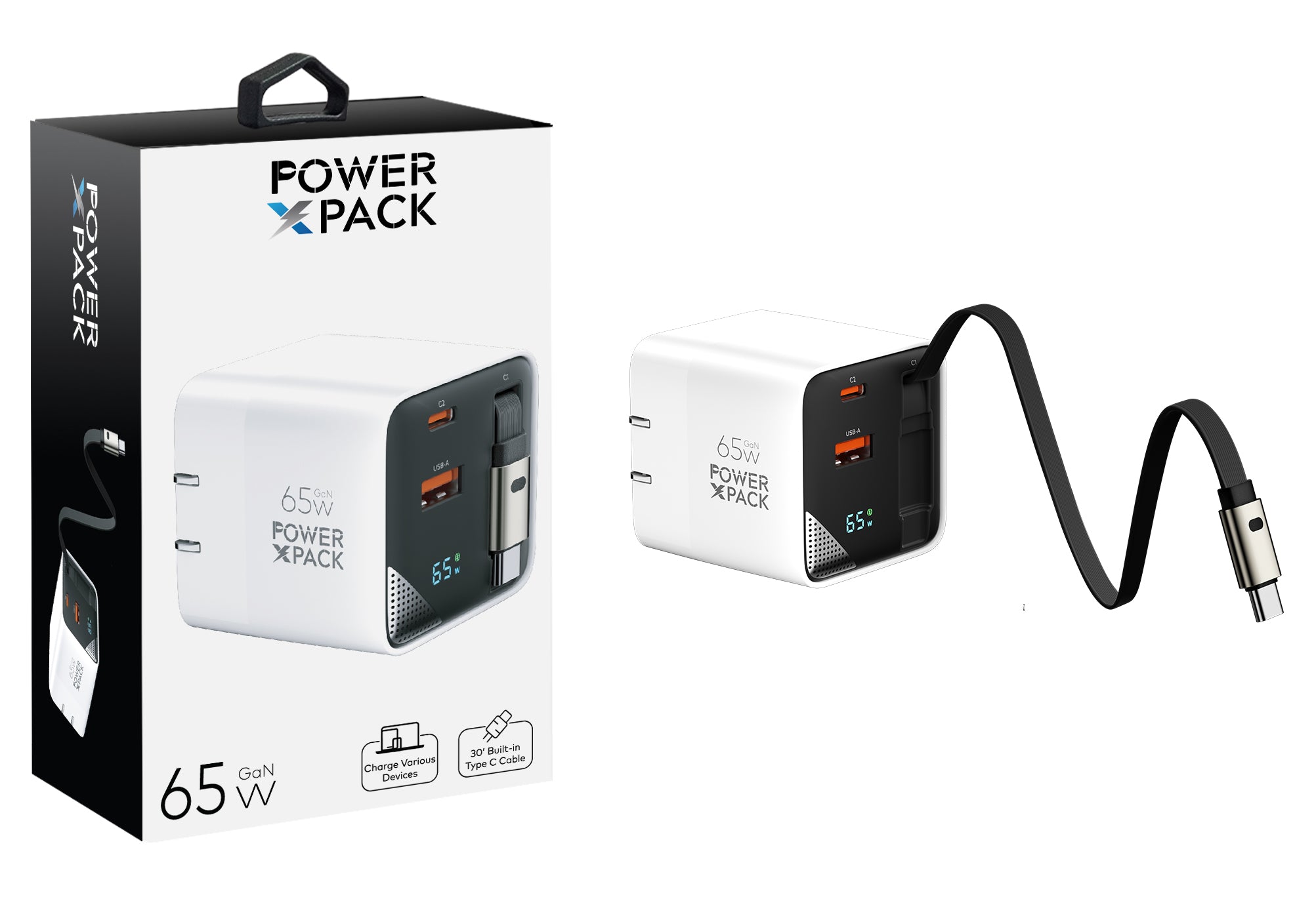 Power X Pack 65W GaN Dual Type-C & USB-A Fast Charger with Built-In Type-C Cable and Wattage Screen