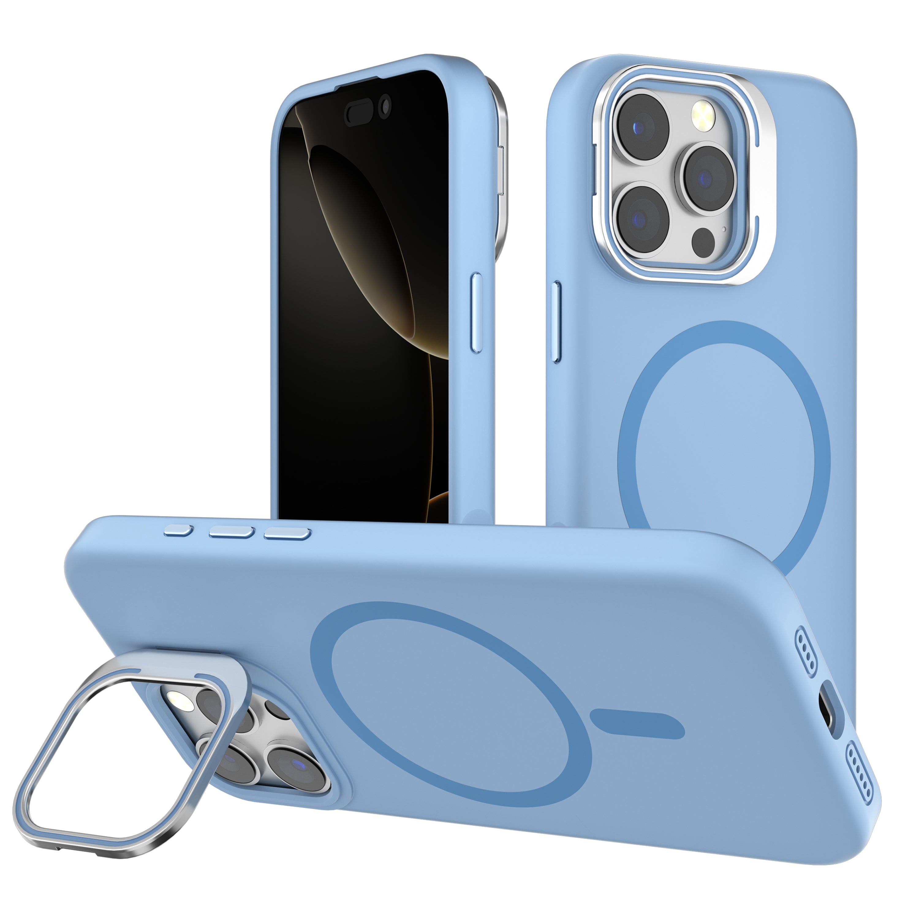 Light Blue Silicone Camera Kickstand with Magnetic Compatibility for iPhone 15 Pro