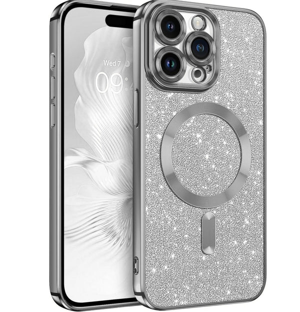 Silver Glitter Soft TPU Case with Magnetic Compatibility for iPhone 14 Pro Max
