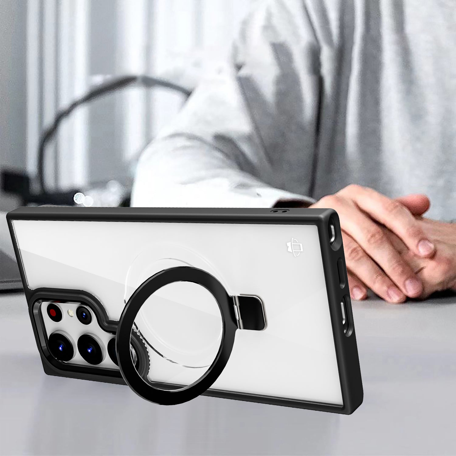 Clear Black Frame Kickstand with Magnetic Compatibility for Samsung Galaxy S24 Ultra with package