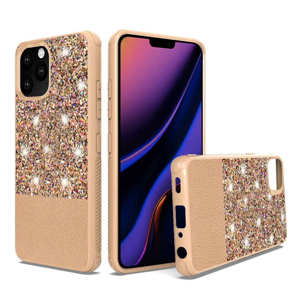 Gold iPhone 11 PRO PU Leather Glitter Hybrid with Chrome TPU