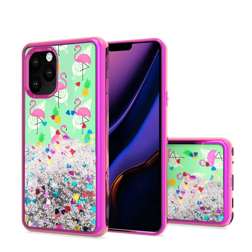 Flamingo Pine Feather iPhone 11 PRO Design Water Quicksand Glitter Chrome TPU
