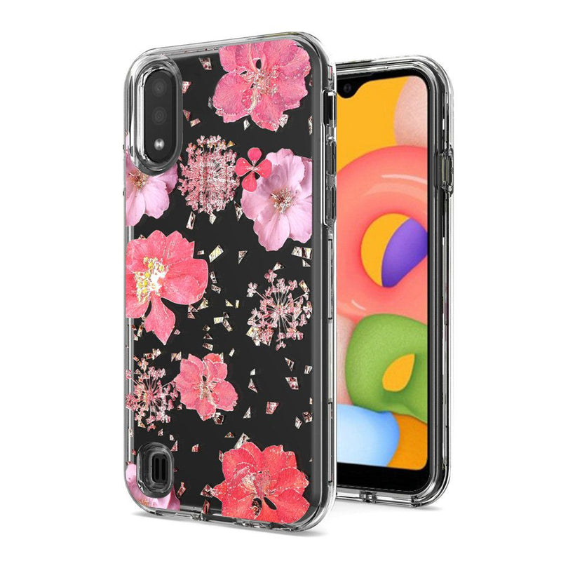 Samsung A01 Floral Glitter Design Case Cover - Pink Flowers