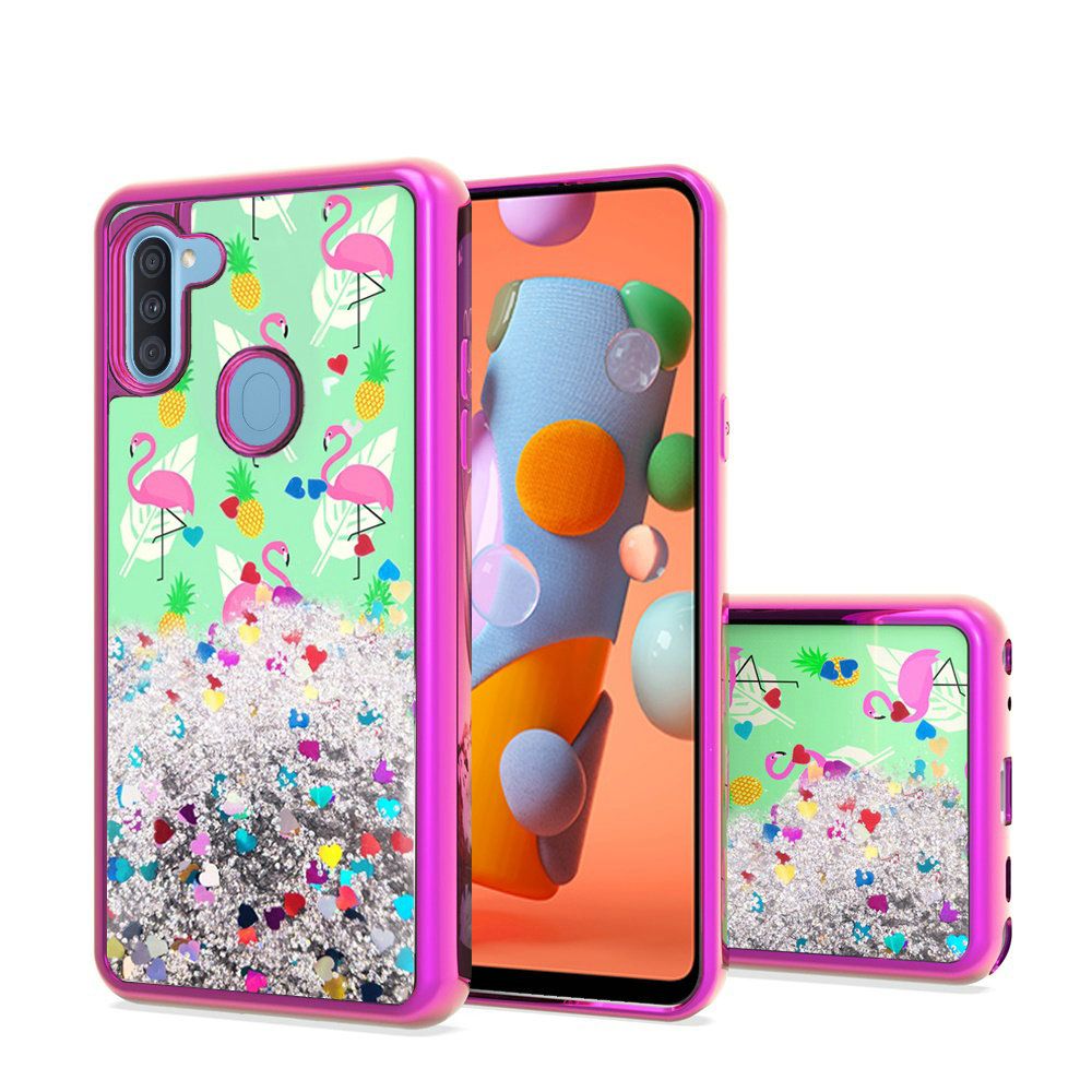 Samsung Galaxy A11 Design Water Quicksand Glitter Chrome TPU - Flamingo Pineapple Feather