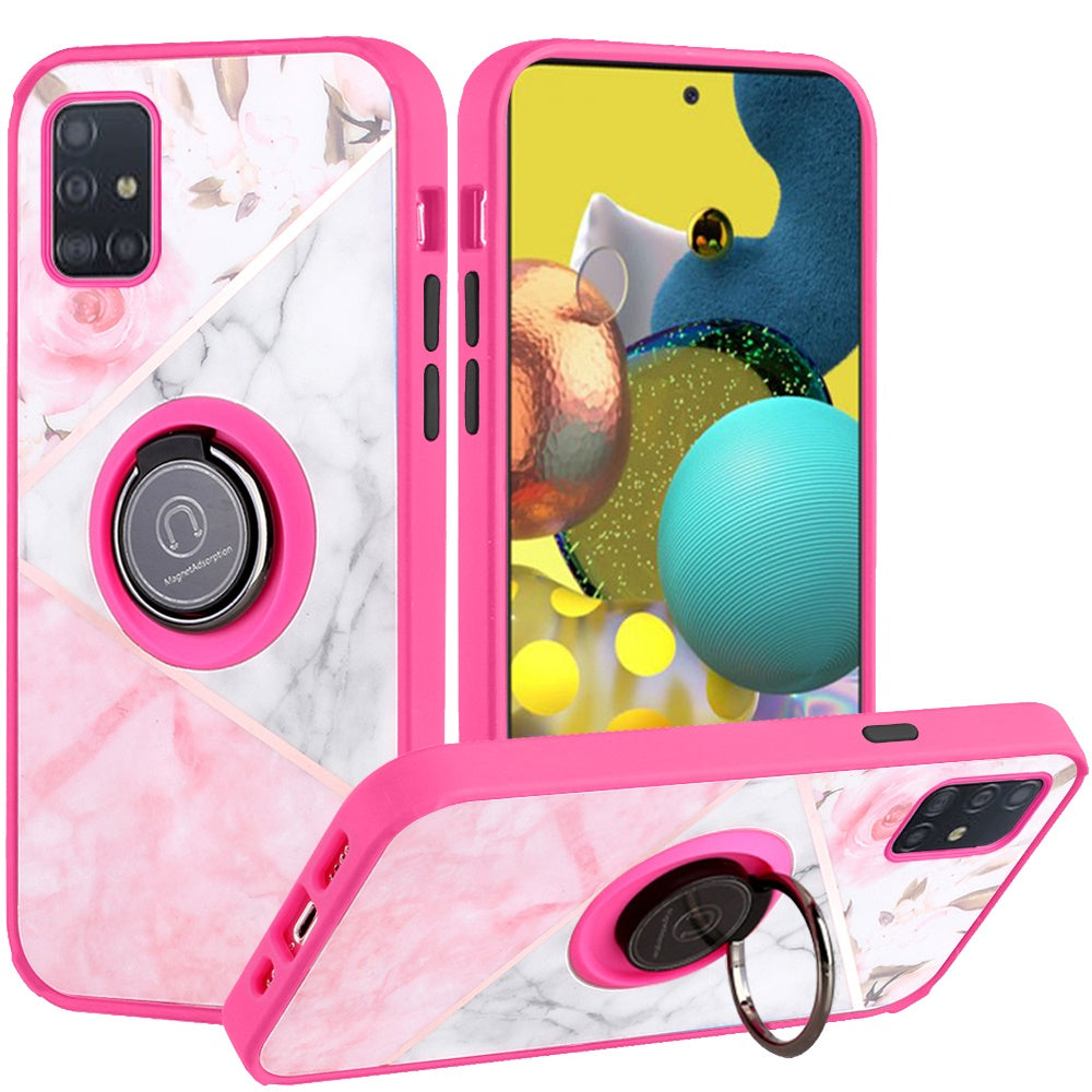 For Samsung Galaxy A51 5G Unique IMD Design Magnetic Ring Stand Cover Case - Elegant Marble on Pink